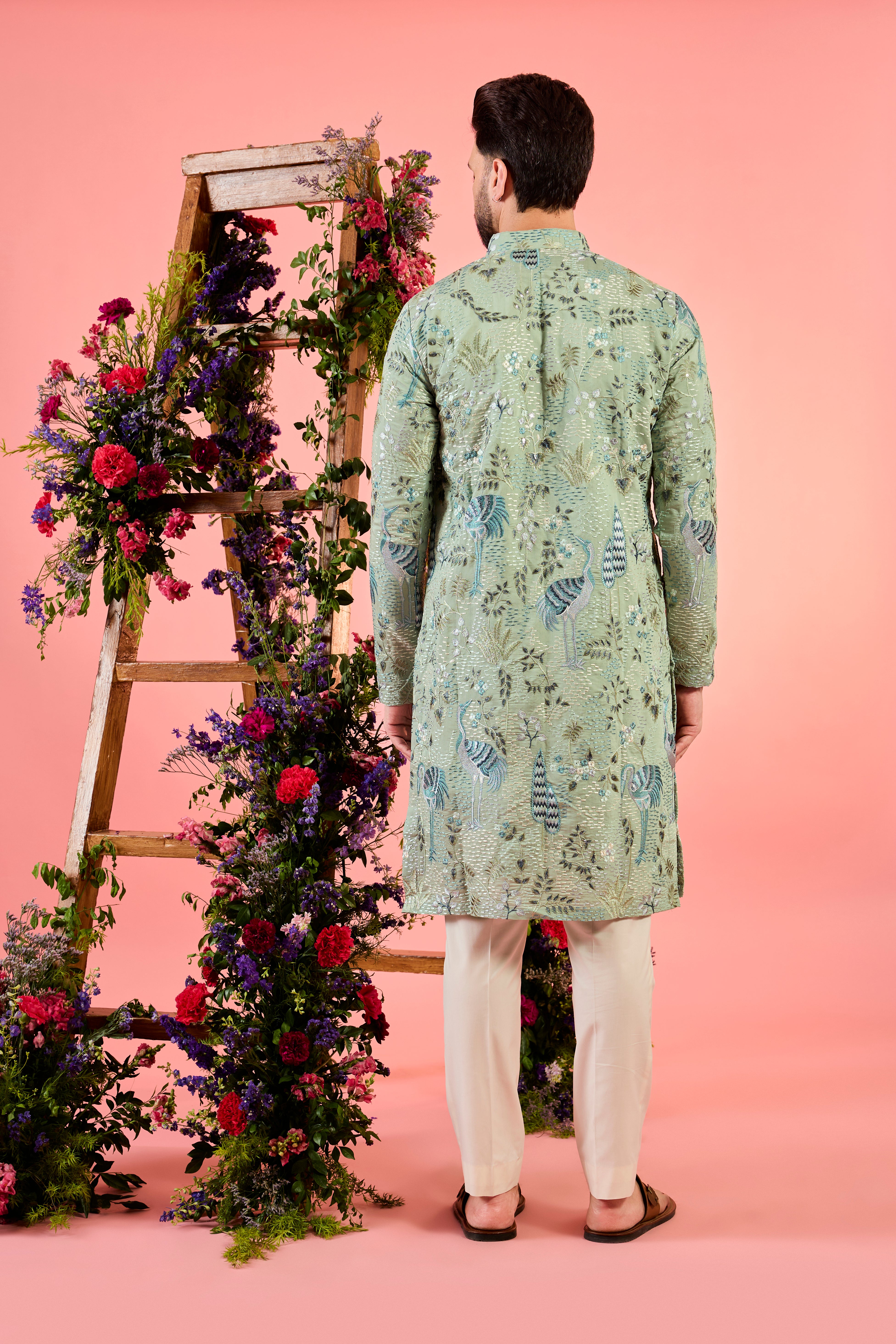 Elegant Mint Green Kurta with Intricate Floral & Fauna Embroidery | Handcrafted Indian Ethnic Wear for Women | Perfect for Festivals, Weddings & Casual Outings