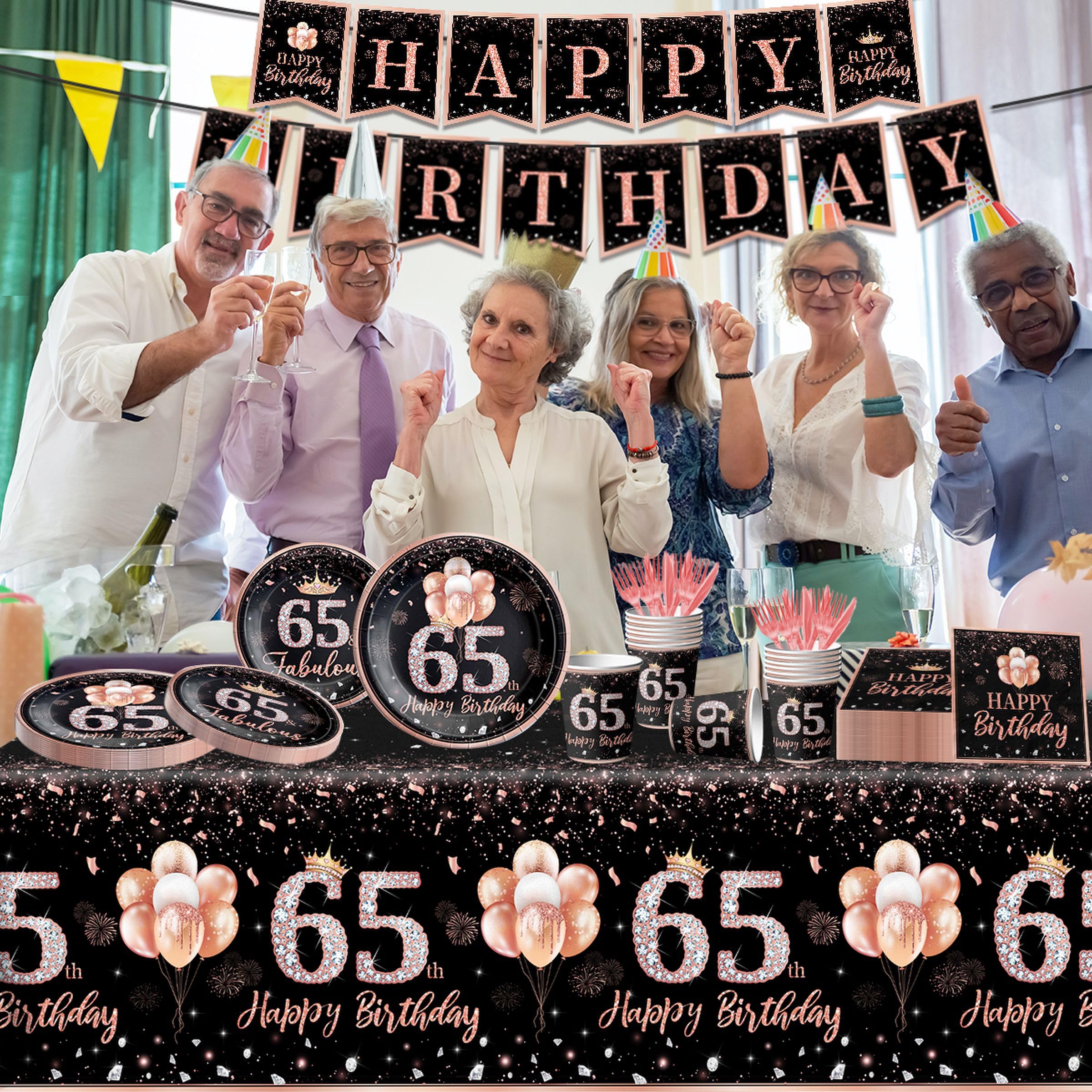 142Pcs Rose Gold 65th Birthday Party Tableware Set - Disposable Tablecloth, Plates, Napkins, Cups, Forks & Knives - Elegant Women's 65th Birthday Decorations - Perfect for Milestone Celebrations, Retirement Parties & Special Occasions