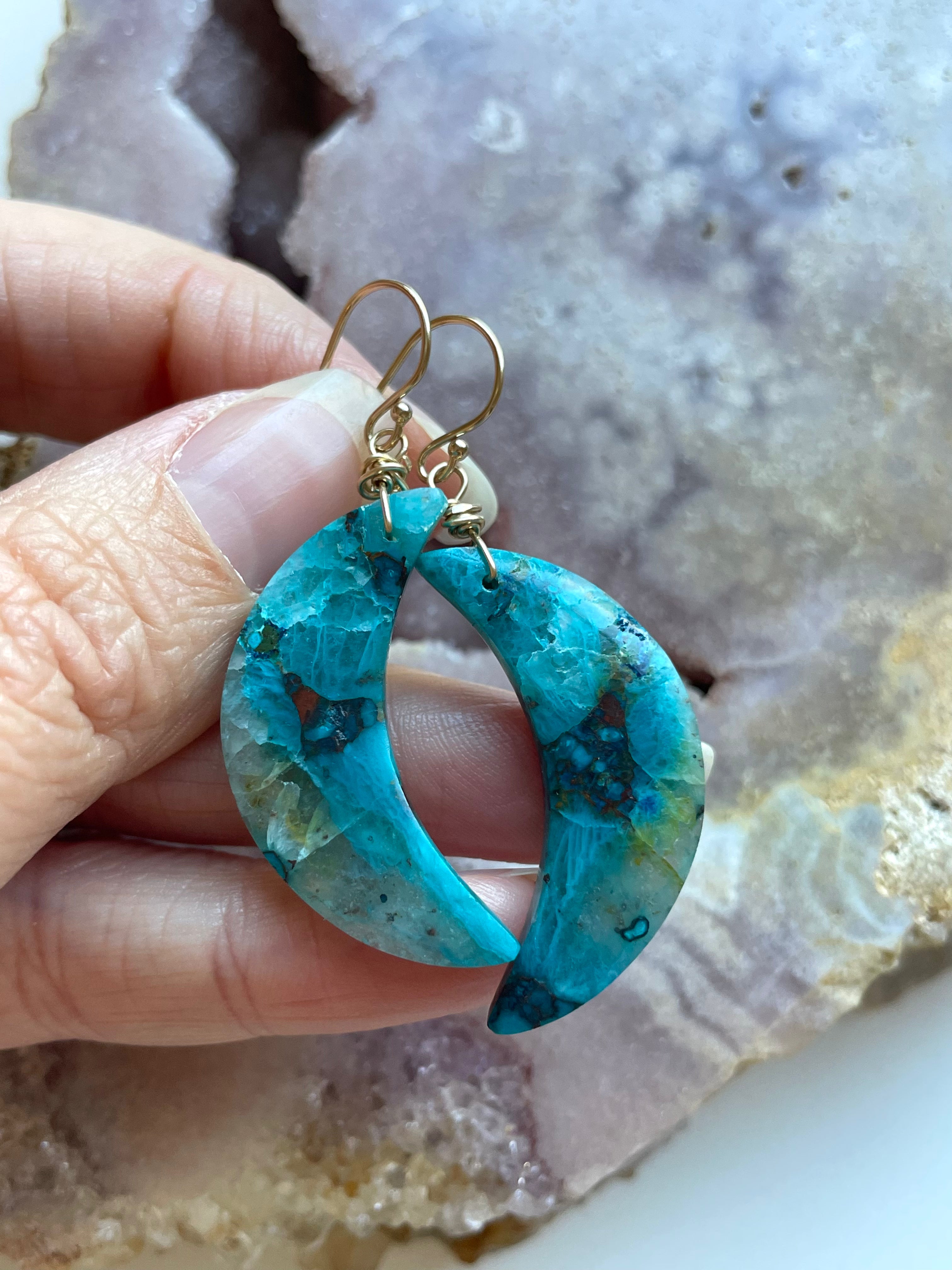 Chrysocolla Gold Filled Statement Crystal Gemstone Earrings for Women - Elegant Bohemian Dangle Earrings for Party, Wedding & Special Occasions