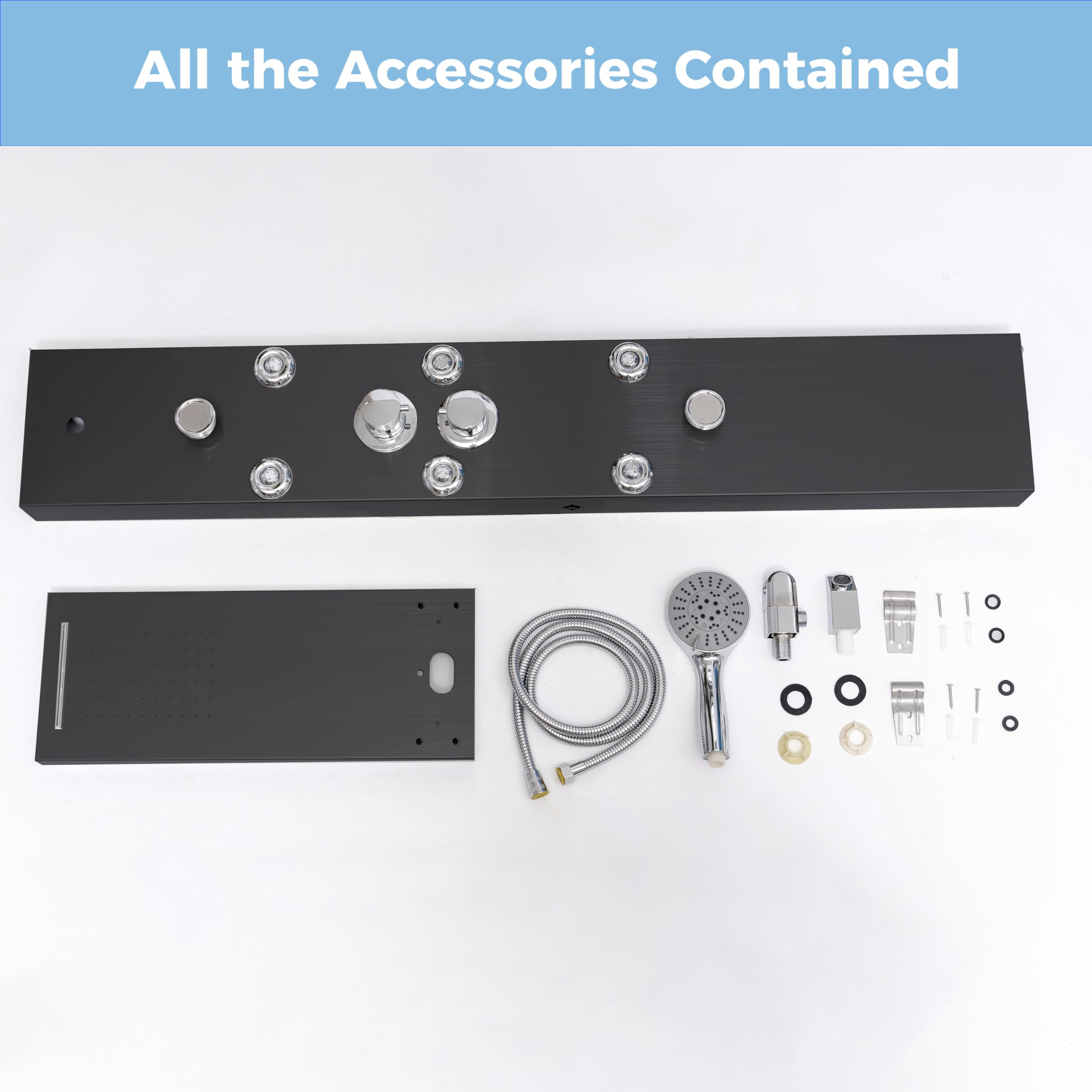 DELAVIN Stainless Steel Shower Panel Tower System - 5-Function Full Body Shower with Rainfall, Waterfall, Massage Jets, Tub Spout & Handheld Showerhead in Brushed Black | Perfect for Luxury Bathroom Renovation, Spa-Like Experience & Modern Home Upgrades