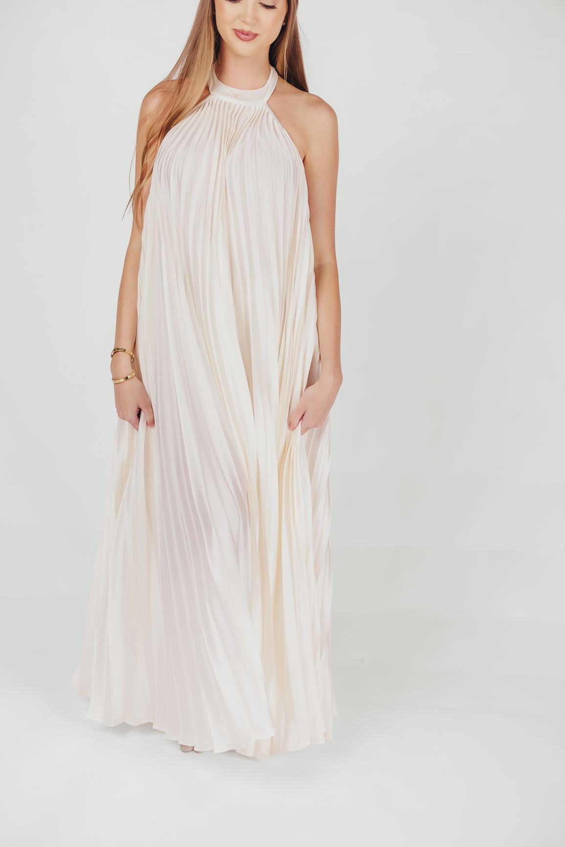 Maren Pleated Halter Maxi Dress in Cream | Bump Friendly Maternity Dress | Perfect for Baby Showers, Beach Vacations & Summer Weddings