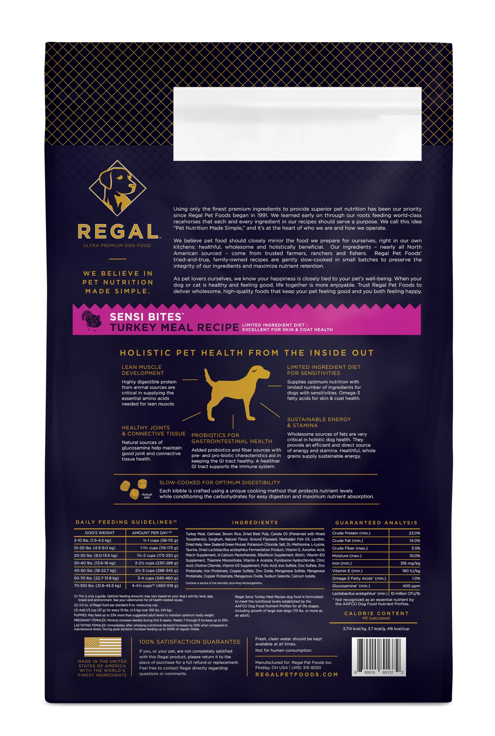 Regal Pet Foods Adult Sensi Bites Turkey Meal Recipe - All Natural, Limited Ingredient Dry Dog Food for All Breeds & Sizes - Made in USA, 26 LB Bag - Perfect for Sensitive Stomachs & Daily Nutrition