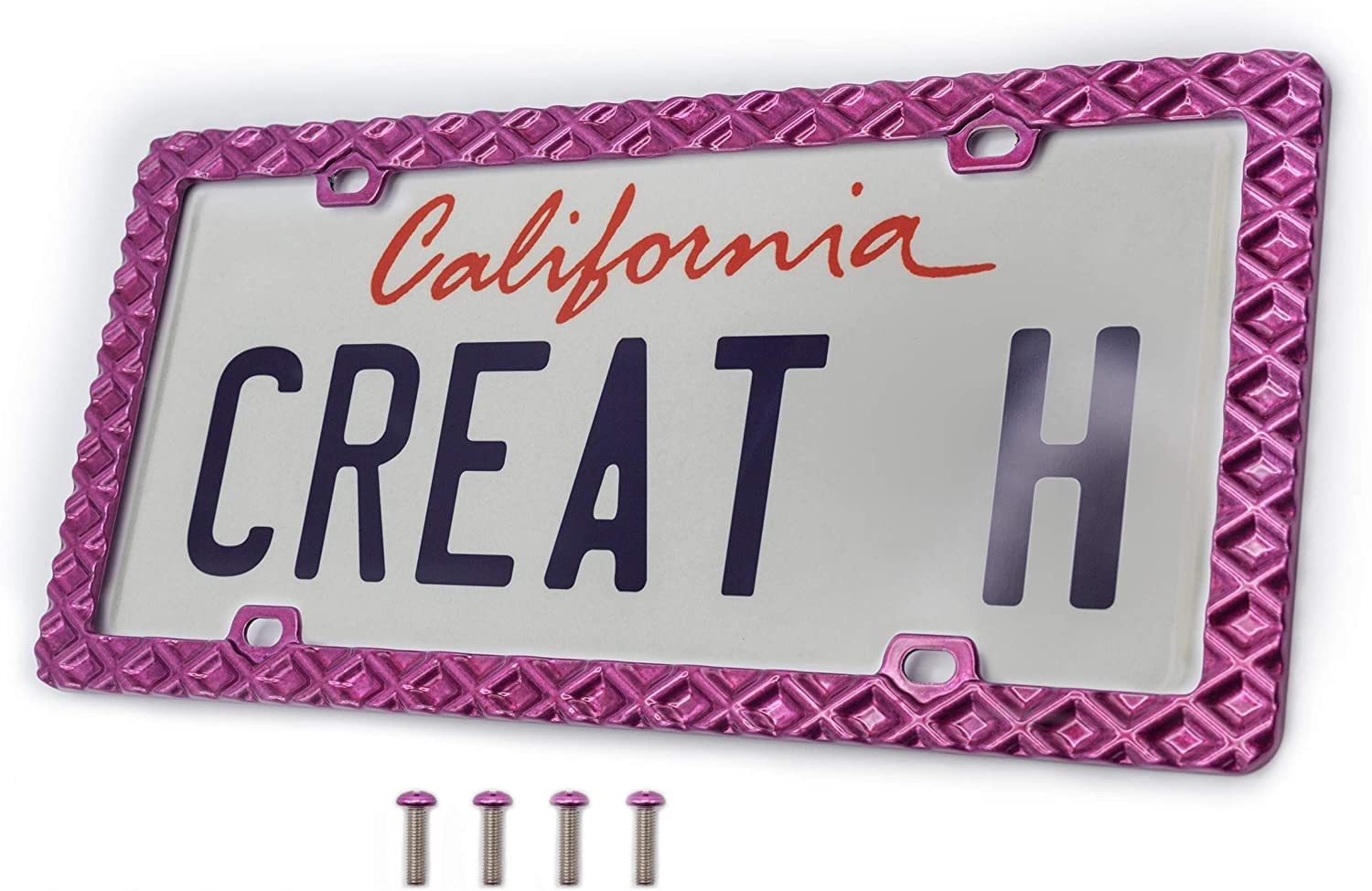 Creathome 3D Waffle Pattern Pink License Plate Frame - Durable Zinc Alloy Metal Car Plate Holder for Vehicles - Perfect for Cars, Trucks & SUVs