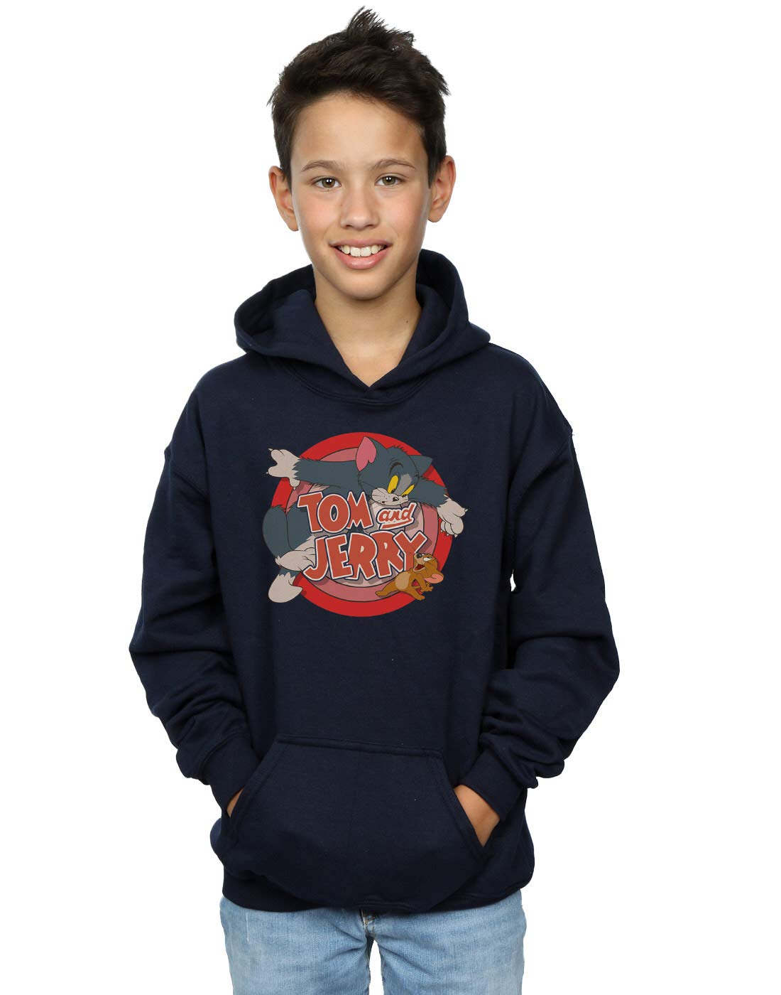 TOM and JERRY Boys Classic Catch Hoodie - Navy Blue Pullover Sweatshirt for Kids 9-11 Years | Cartoon Character Hooded Jacket for School, Playdates & Outdoor Activities