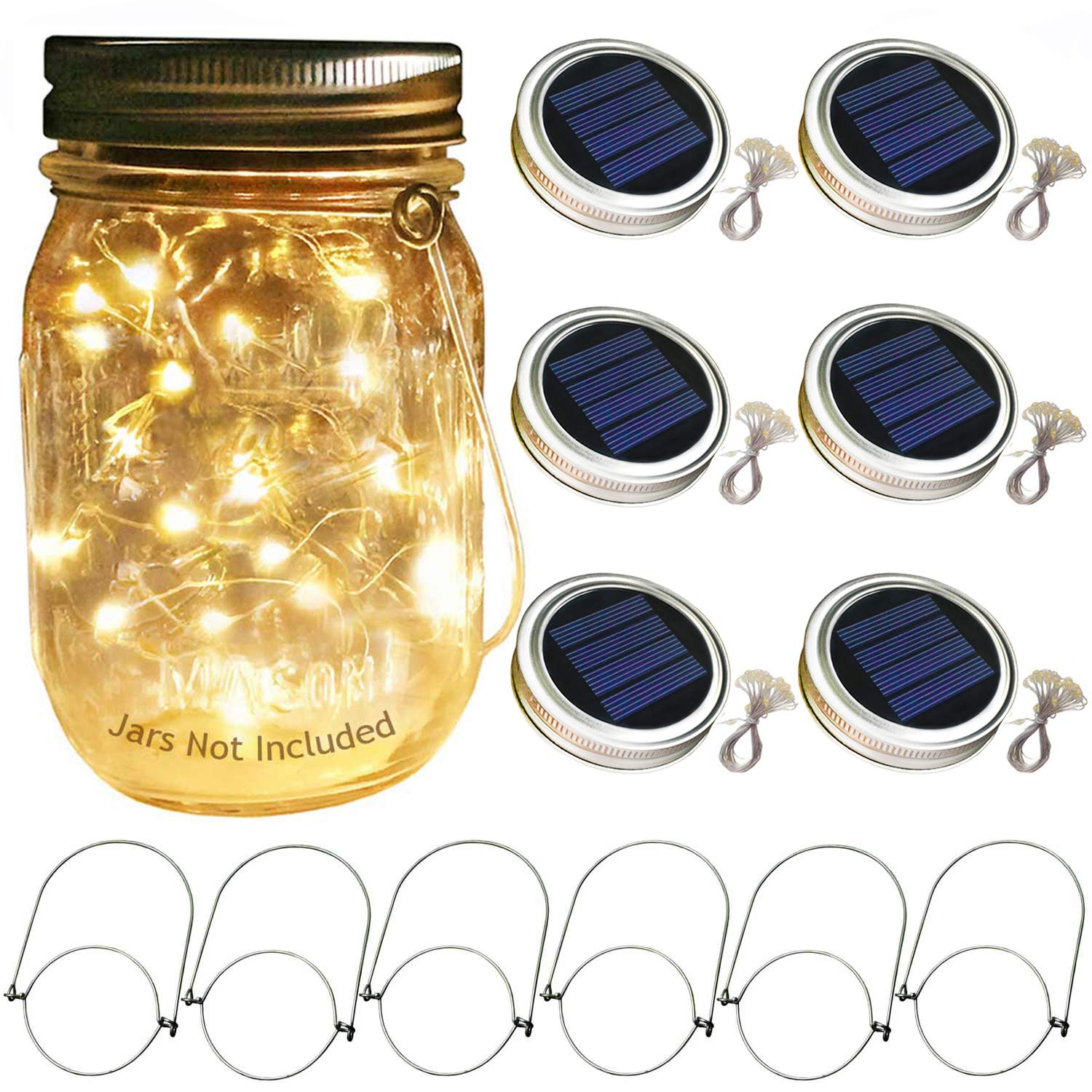 Solar Mason Jar Lid Lights - 6 Pack 30 LED String Fairy Lights with Hangers for Mason Jar Decor, Patio & Garden Lighting | Perfect for Outdoor Weddings, Backyard Parties, and DIY Home Decoration Projects