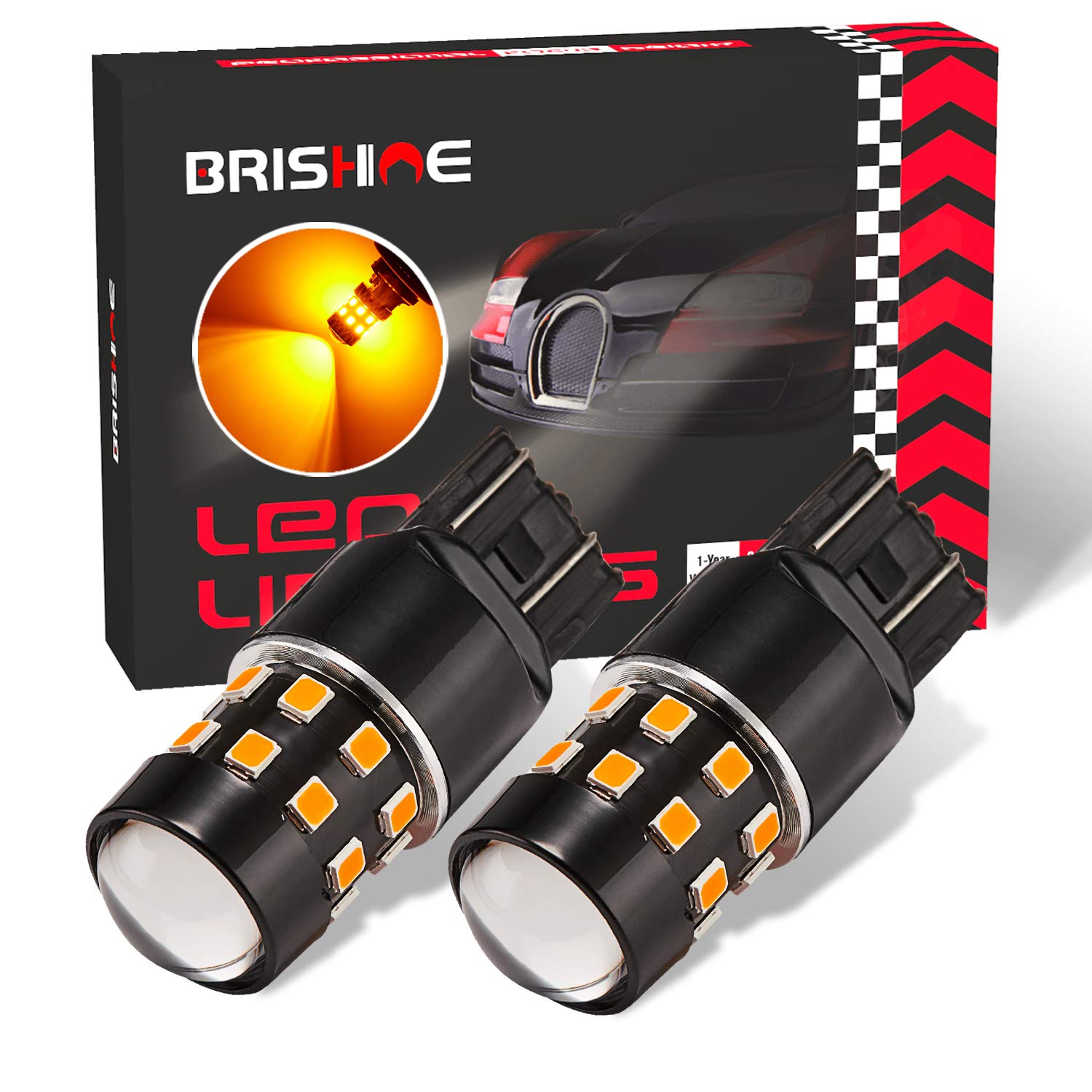 BRISHINE Super Bright 7443 7440 992 T20 7444NA LED Bulbs - Amber Yellow 9-30V Non-Polarity 24-SMD LED Chipsets with Projector for Turn Signal Lights, Side Marker Lights - Perfect for Cars, Trucks, SUVs, Motorcycles (Pack of 2)