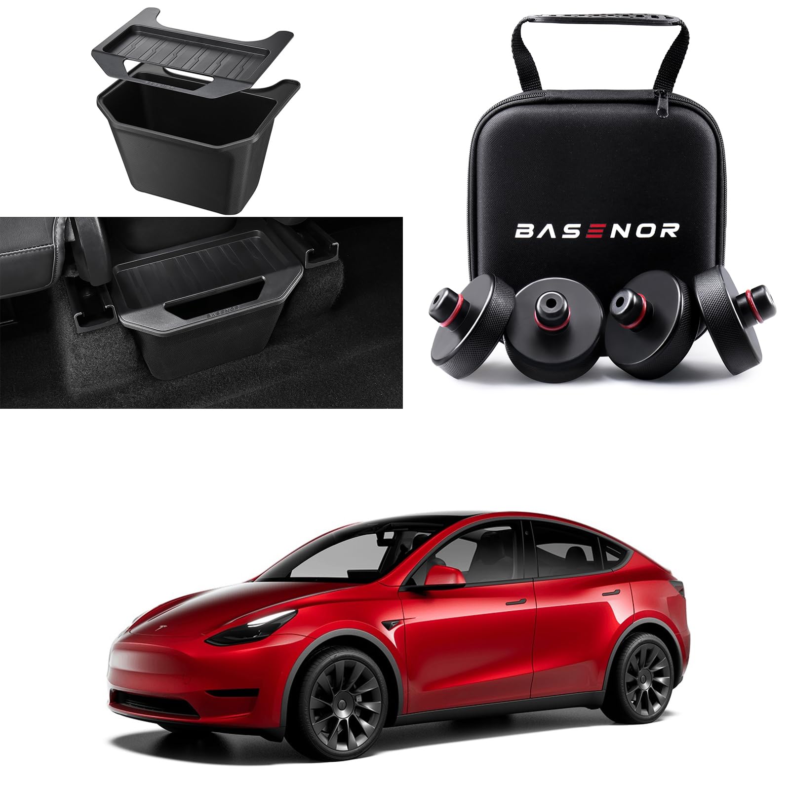 BASENOR Tesla Model Y Rear Center Console Organizer Tray with Storage Compartments & Tesla Jack Pad - Perfect for Car Accessories Organization and Safe Lifting