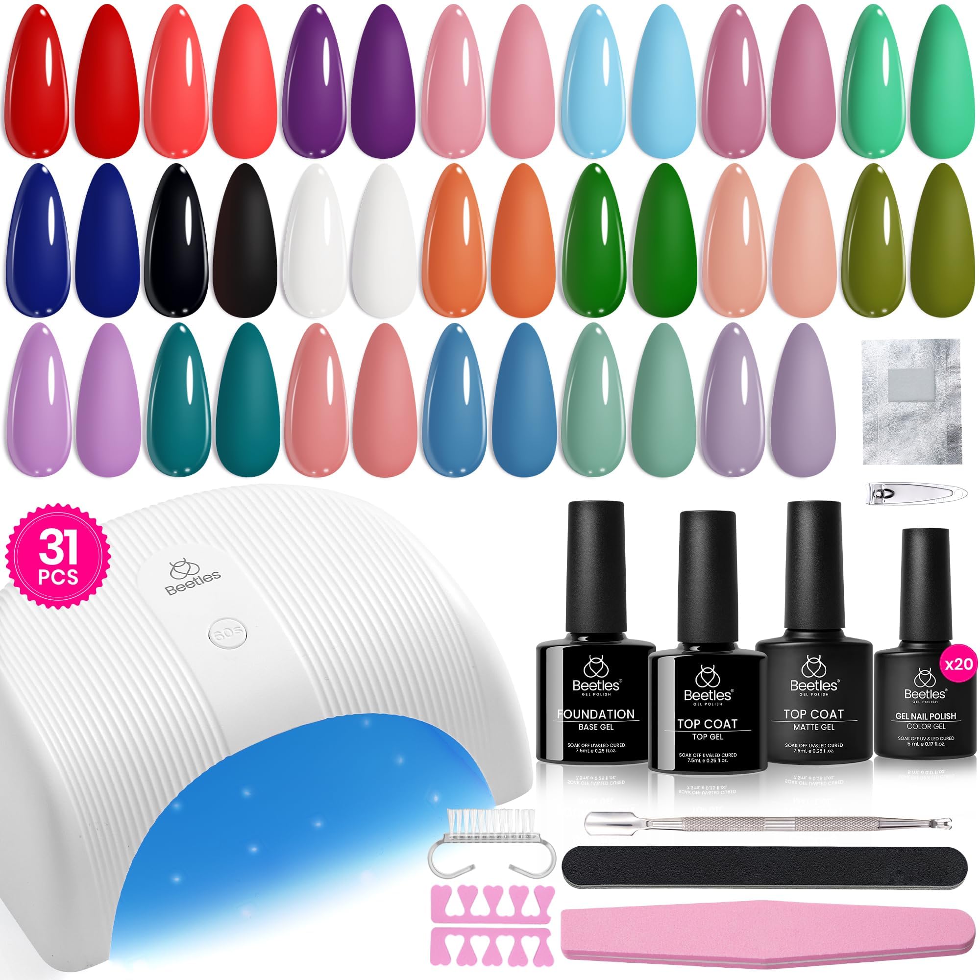 Beetles 31Pcs Gel Nail Polish Kit with UV Light - Soak Off Base & Top Coat, Matte & Glossy Finish, All Season Nail Art Set for Women & Girls | Perfect for Home Manicures, Salon Treatments, DIY Nail Designs, and Gift Giving
