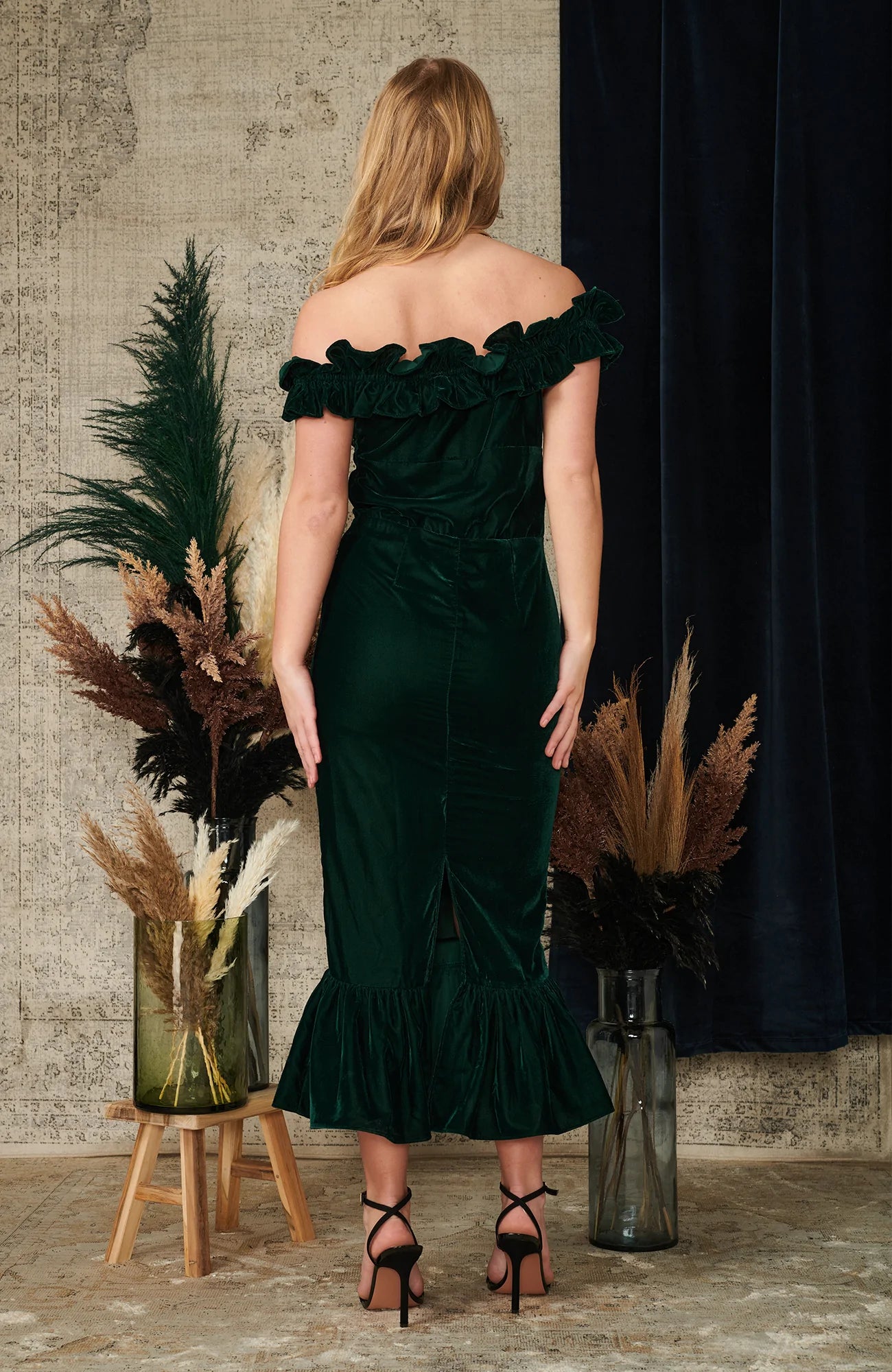Eve Ruffle Velvet Bardot Midi Dress - Elegant Off Shoulder Party Dress for Women, Perfect for Evening Events, Weddings & Date Nights