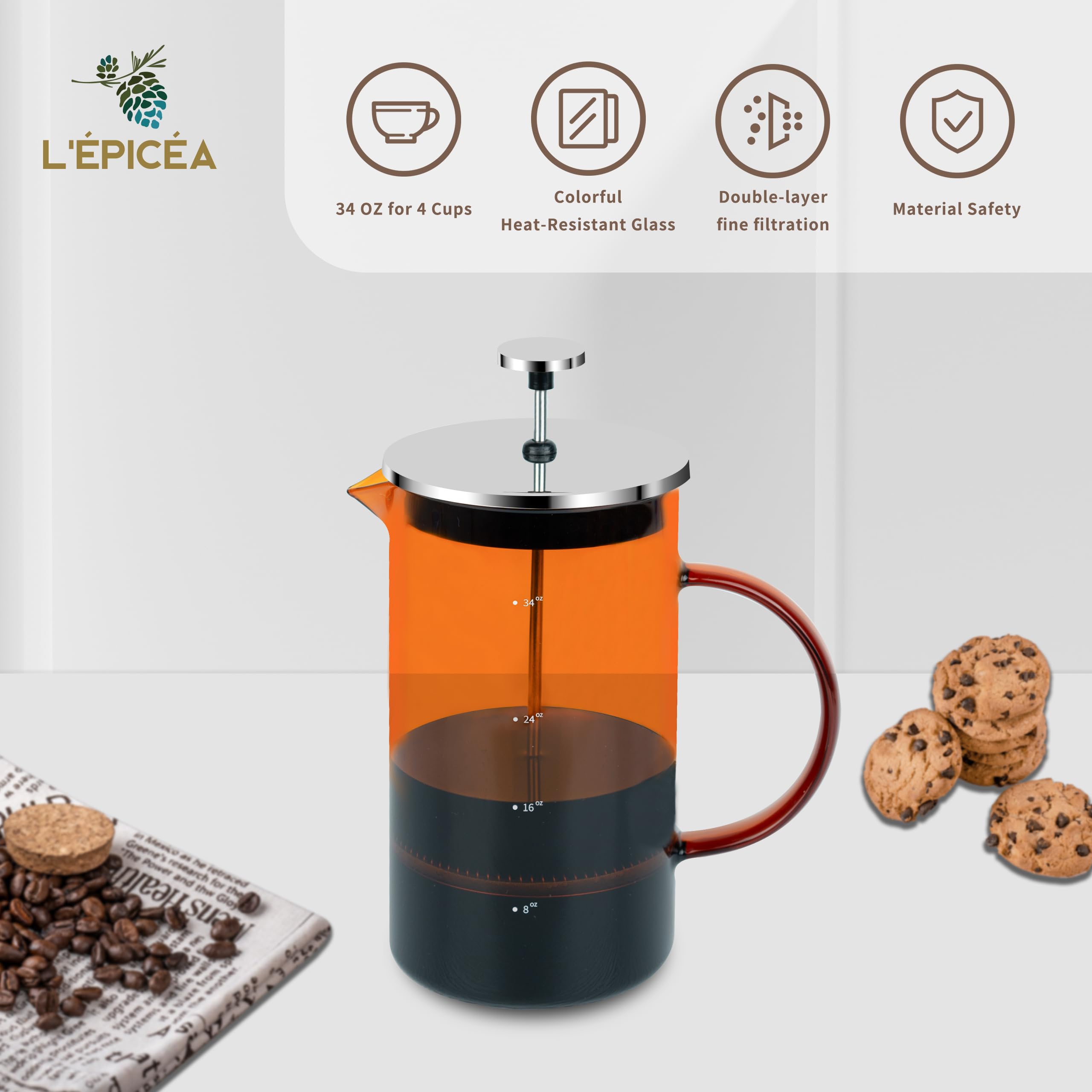 Premium 34 oz French Press Coffee Maker - Borosilicate Glass & Stainless Steel with 3-Layer Filter System | Ideal for Home, Office & Camping Coffee Brewing