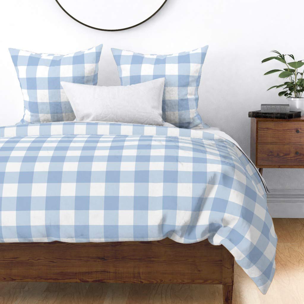 Custom Spoonflower Cotton Sateen Duvet Cover - Full/Queen Size Pastel Blue Buffalo Check Blueberry Plaid Tartan Blue White Country Print Bedding | Perfect for Farmhouse, Cottage & Country Style Bedrooms