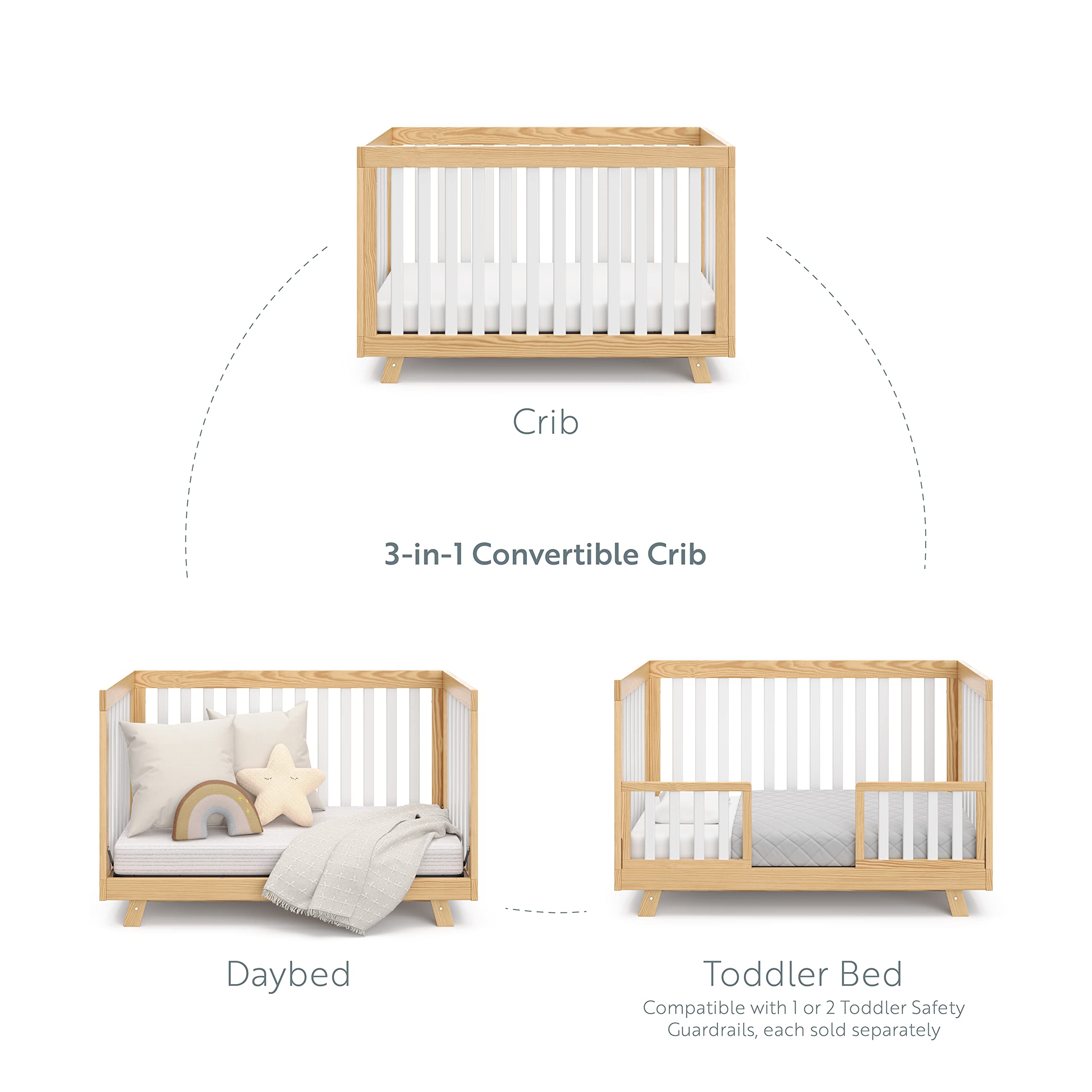 Storkcraft Beckett Convertible Crib - Natural & White Slats | Baby Crib to Toddler Bed & Daybed | Adjustable Mattress Base | Fits Standard Full-Size Crib Mattress | Perfect for Nursery, Bedroom & Guest Room