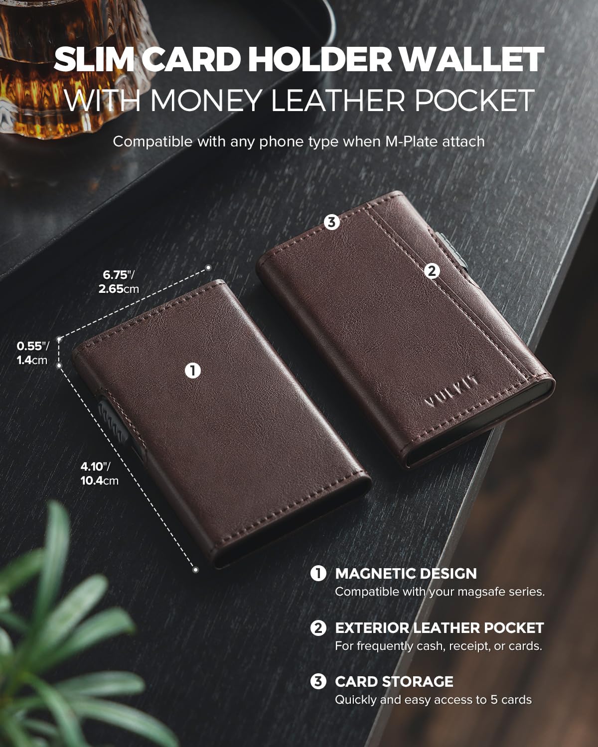 VULKIT Magnetic Wallet Card Holder - Slim Leather Pop Up Phone Case with NFC/RFID Blocking, Compatible with iPhone 16/15/14/13/12 Series (Espresso Brown) - Perfect for Everyday Use, Travel & Contactless Payments