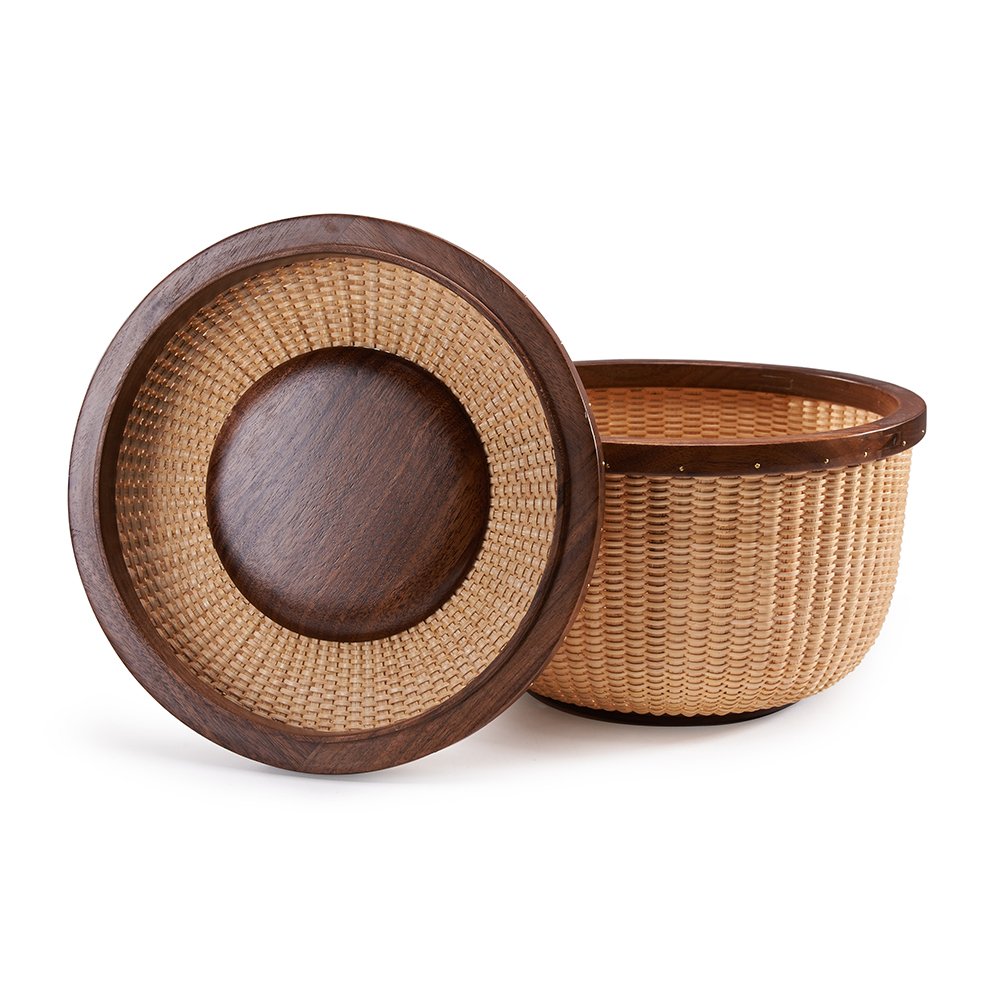 Rattan Storage Basket with Lid - Handwoven Circular Organizer for Home, Sewing Kits & Crafts | Stylish Woven Bin for Bedroom, Bathroom & Closet Organization