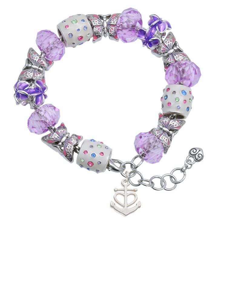 Delight Jewelry Anchor with Heart Purple Butterfly Bead Charm Bracelet - Adjustable 7