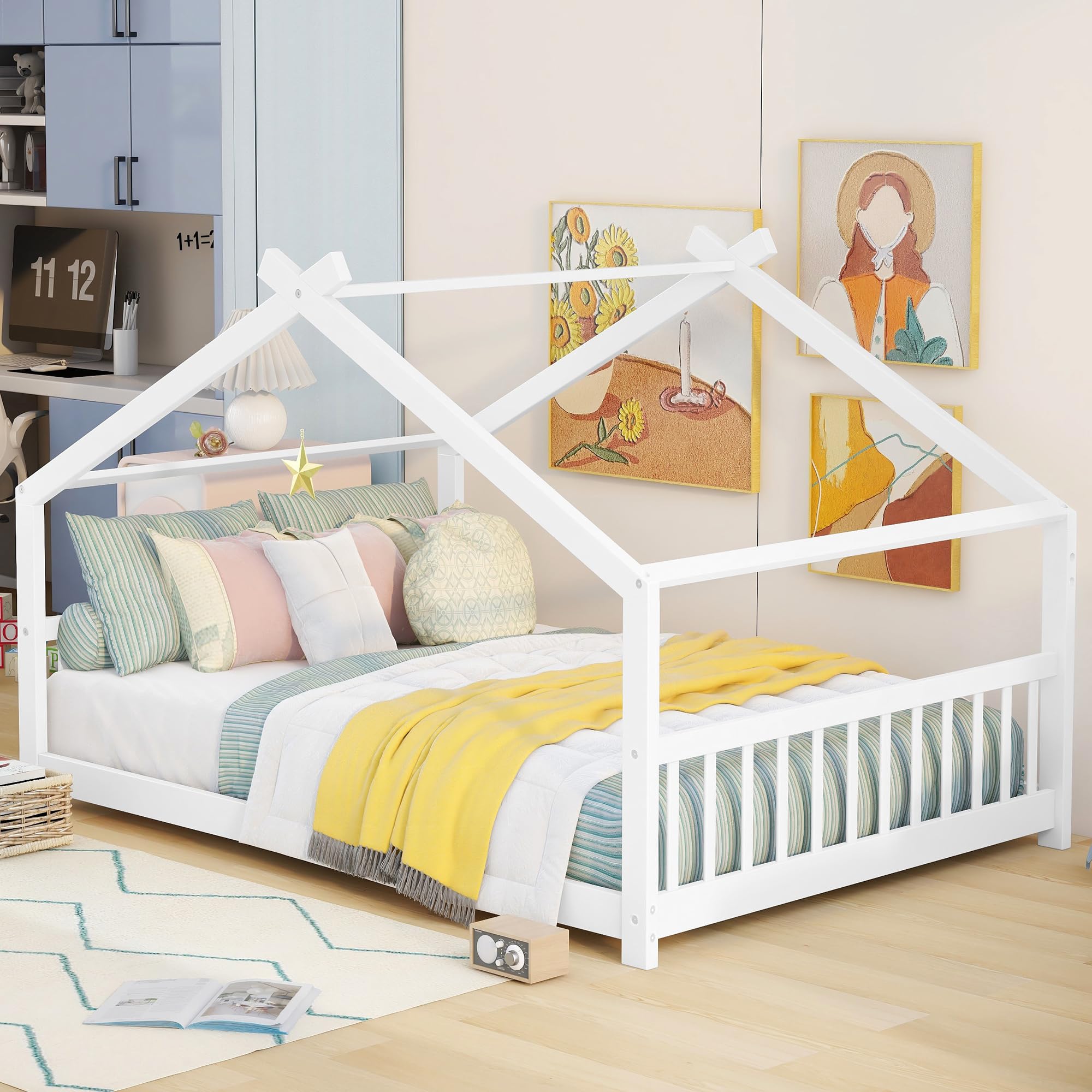 Montessori Floor Bed for Kids - Full Size Wooden Platform Bed Frame with Headboard & Footboard, No Box Spring Needed - Perfect for Toddler Rooms, Daycare & Montessori Classrooms (White)