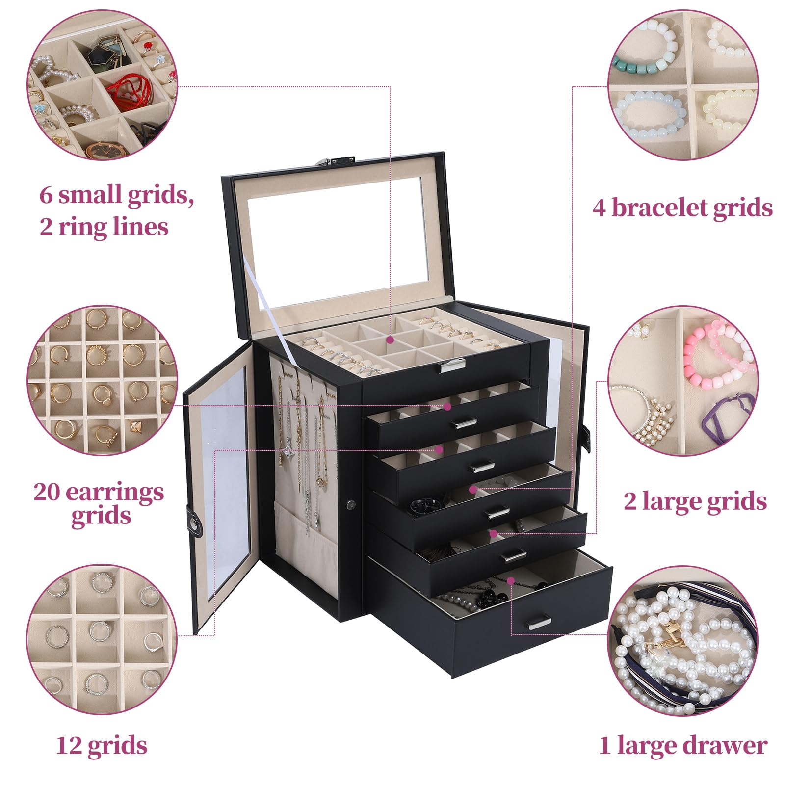 BOOVO 6-Layer Large Jewelry Organizer Box with Mirror & Lock - Multi-Function Storage Case for Women - 5 Drawers Accessory Holder for Earrings, Necklaces, Rings & Bracelets (Clear Black) - Perfect for Bedroom, Vanity & Travel Organization