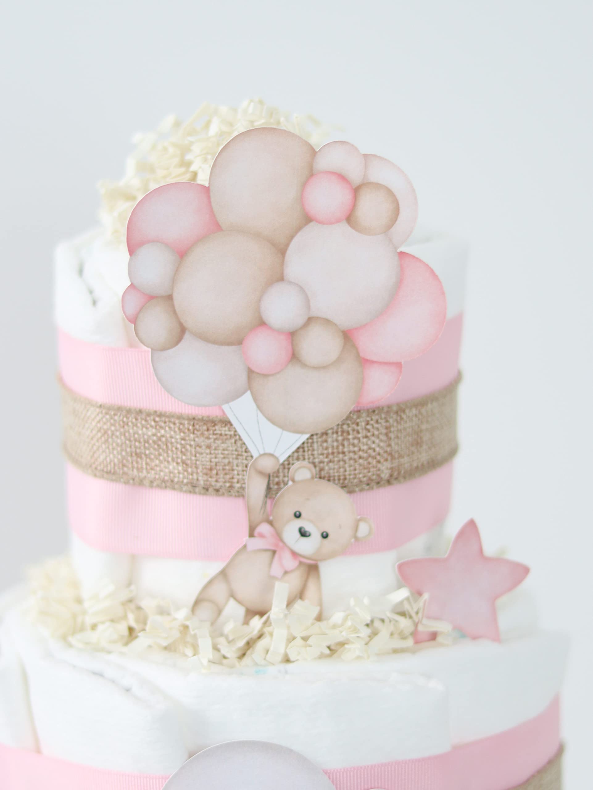Adorable Teddy Bear Diaper Cake - Perfect Baby Shower Centerpiece & Gift for Newborn Girls (Pink Balloons) - Gender Reveal, Nursery Decor & 1st Birthday Party Decoration