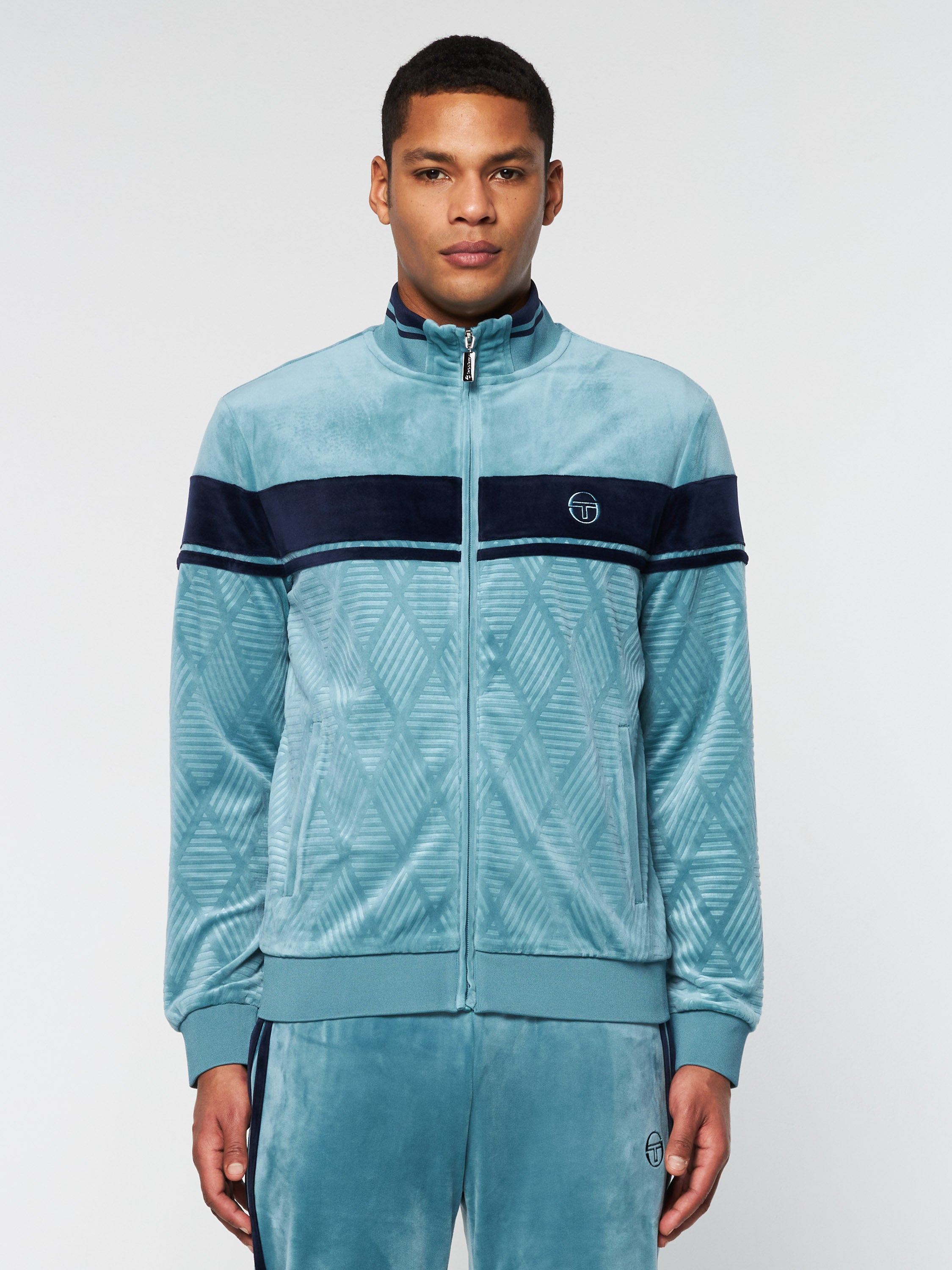 Debossed Damarindo Velour Track Jacket for Women - Larkspur Blue | Cozy Casual Wear for Running, Yoga & Lounge