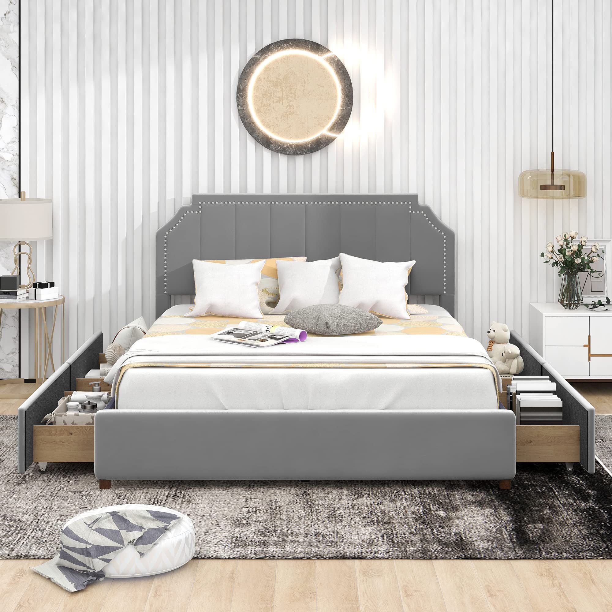 Queen Size Upholstered Platform Bed with Storage - Modern Grey Bed Frame with Tufted Headboard & 4 Drawers, No Box Spring Needed | Perfect for Small Bedrooms, Guest Rooms & Apartment Living