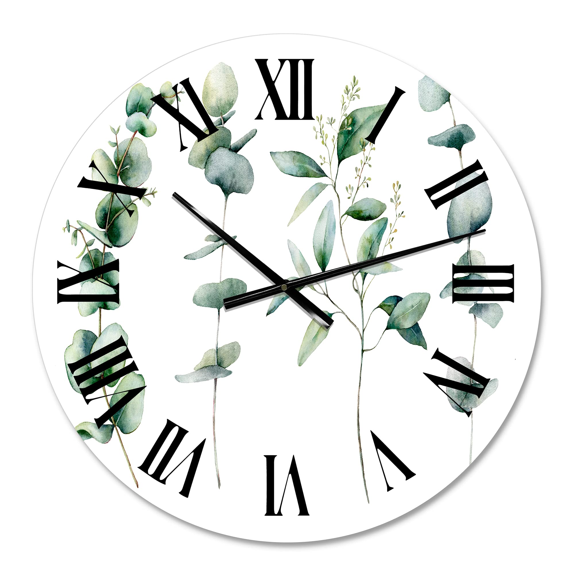 Green Eucalyptus Branches Wall Clock - Large Traditional Floral Botanical Wall Decor for Living Room, Bedroom & Office | Perfect for Home Decor and Gift Giving