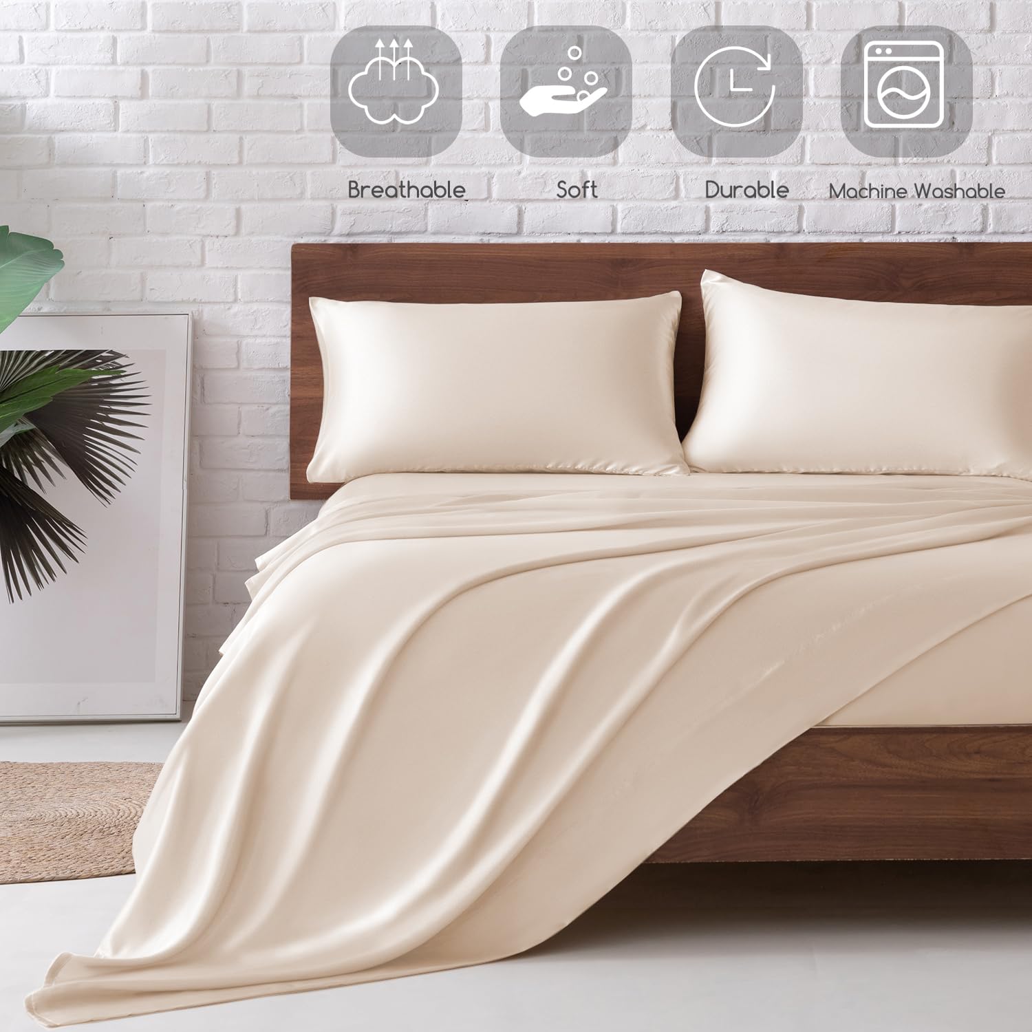 Luxury Satin Bed Sheets Set Queen Size - 4 Piece Silky Soft Bedding with 15
