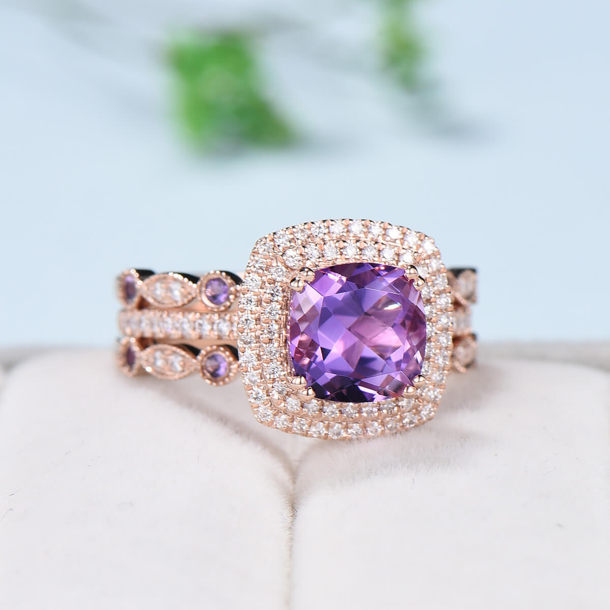 Amethyst Diamond Wedding Ring Set in Rose Gold - Vintage Double Halo Engagement Ring for Women, Anniversary Gift - Perfect for Bridal Jewelry, Wedding Bands & Special Occasions