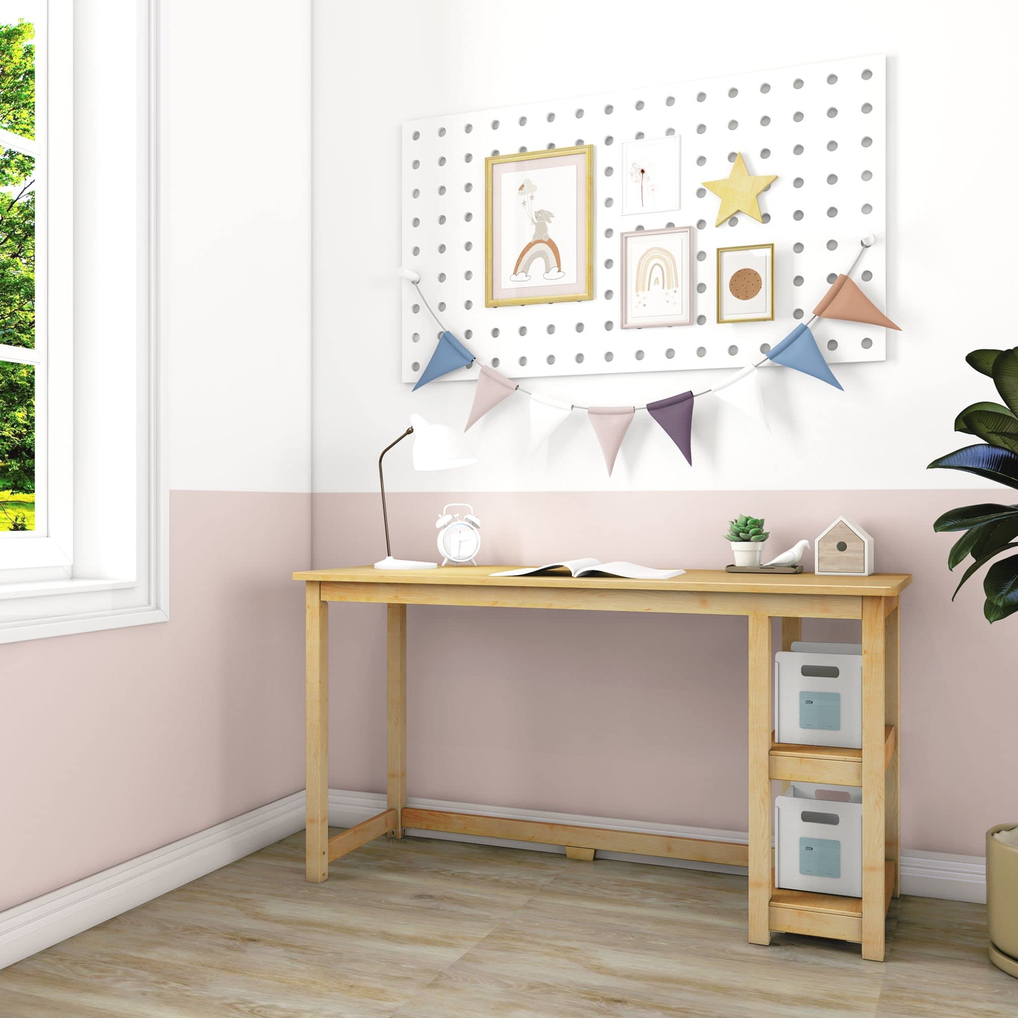 Max & Lily 55 Inch Solid Wood Desk with Shelves - Natural Wood Study Desk for Home Office, Kids Room & Dorm Room - Perfect for Remote Work, Online Learning & Homework Station