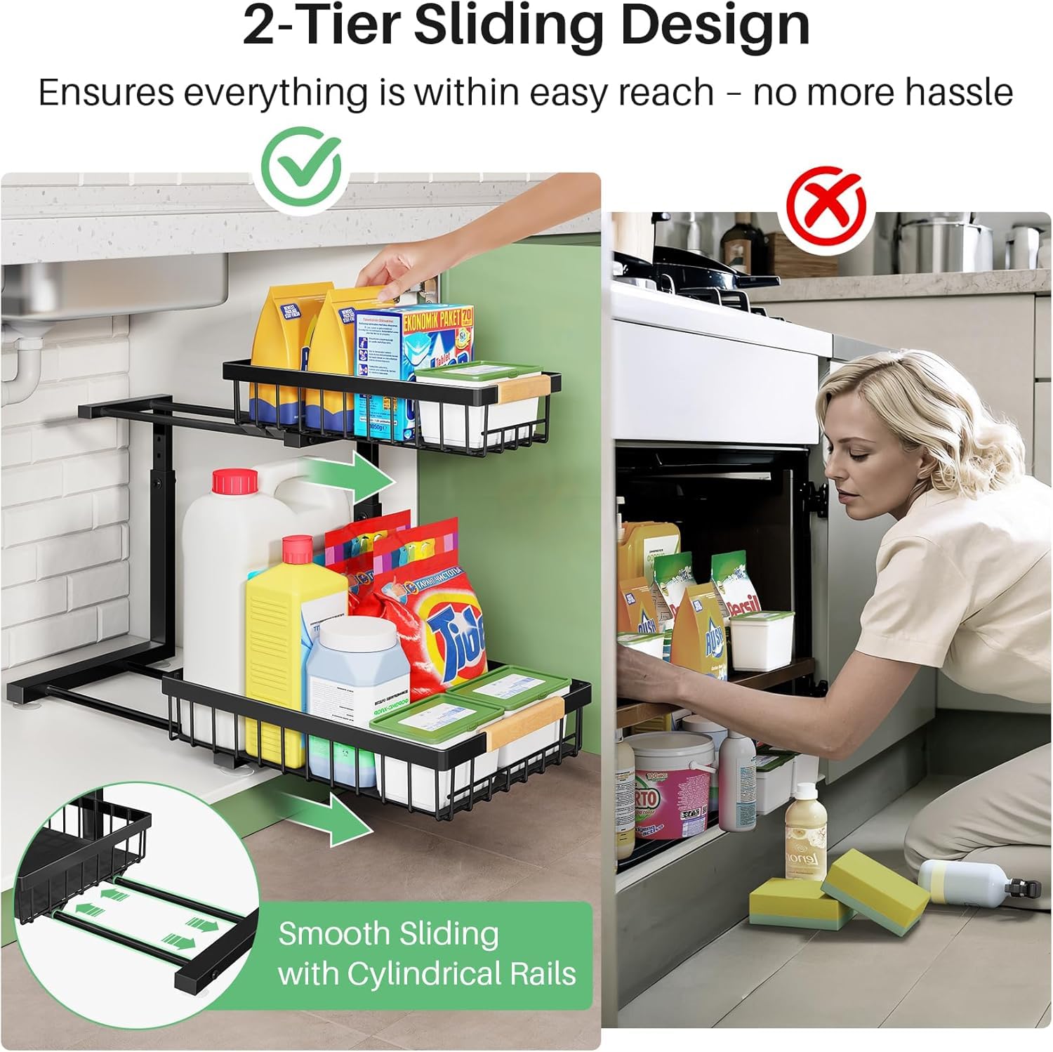 2-Tier Under Sink Organizer, Pull Out Metal Kitchen Cabinet Storage Shelf - Space Saving Under Sink Organizer for Kitchen, Bathroom - Perfect for Storing Cleaning Supplies & Toiletries