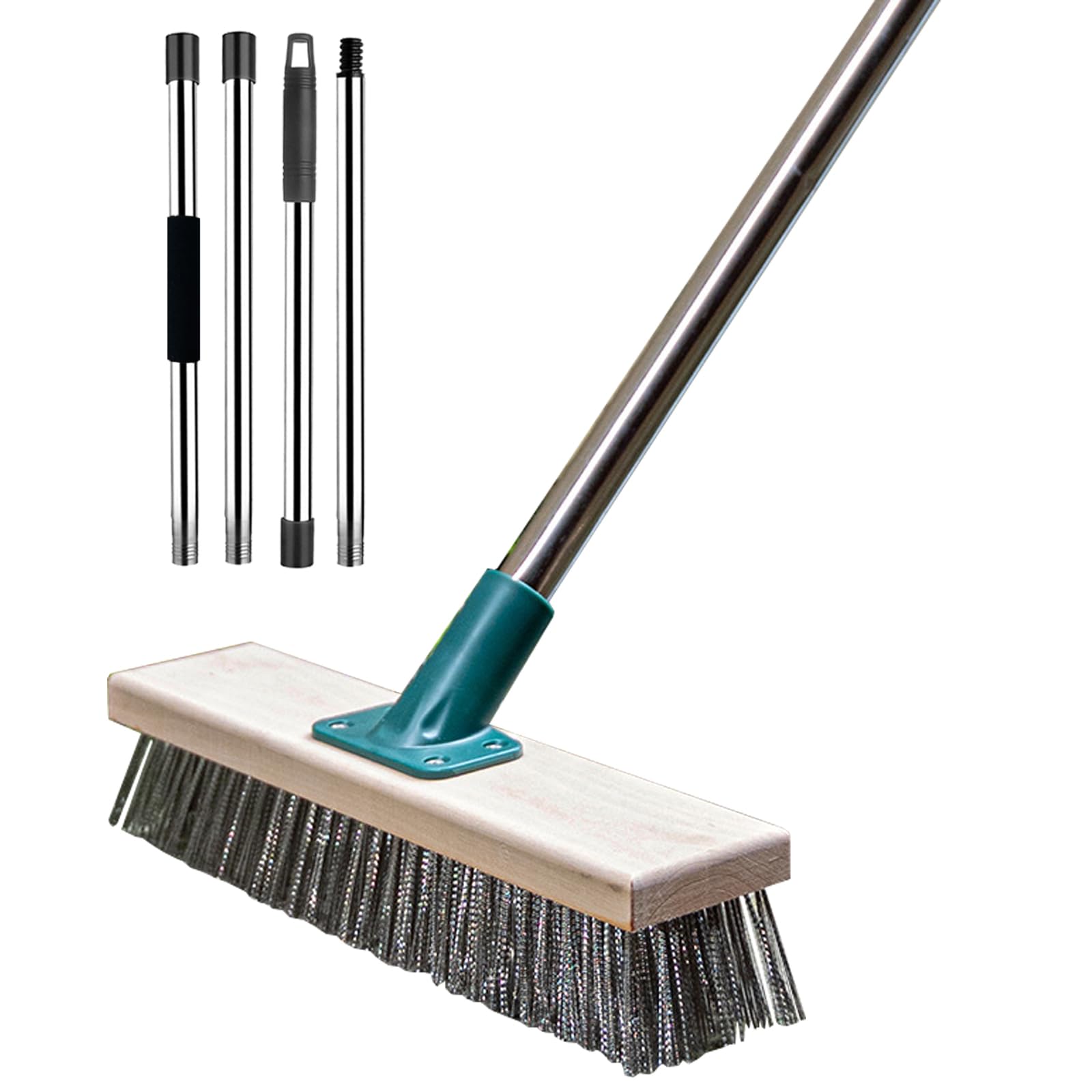**Heavy Duty Stainless Steel Wire Brush with Long Handle - Deck, Floor, and Concrete Scrubber for Moss, Grout, and Tough Stains - Ideal for Garden, Garage, Patio, and Swimming Pool Cleaning**