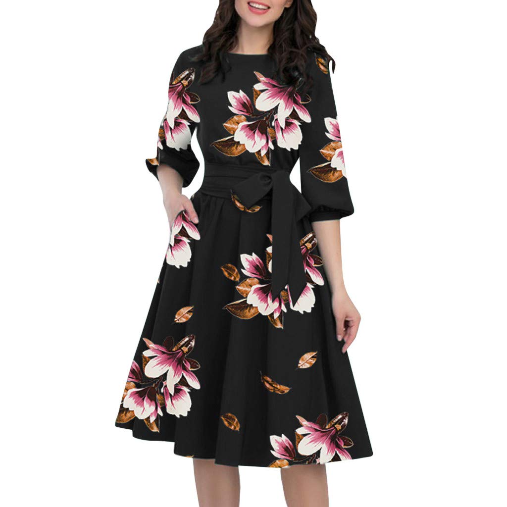 Elegant A-Line Women's Dress with O-Neck, Sashes, and Pockets - Knee-Length Casual Sleeve Dress for Women | Perfect for Office, Party, and Daily Wear