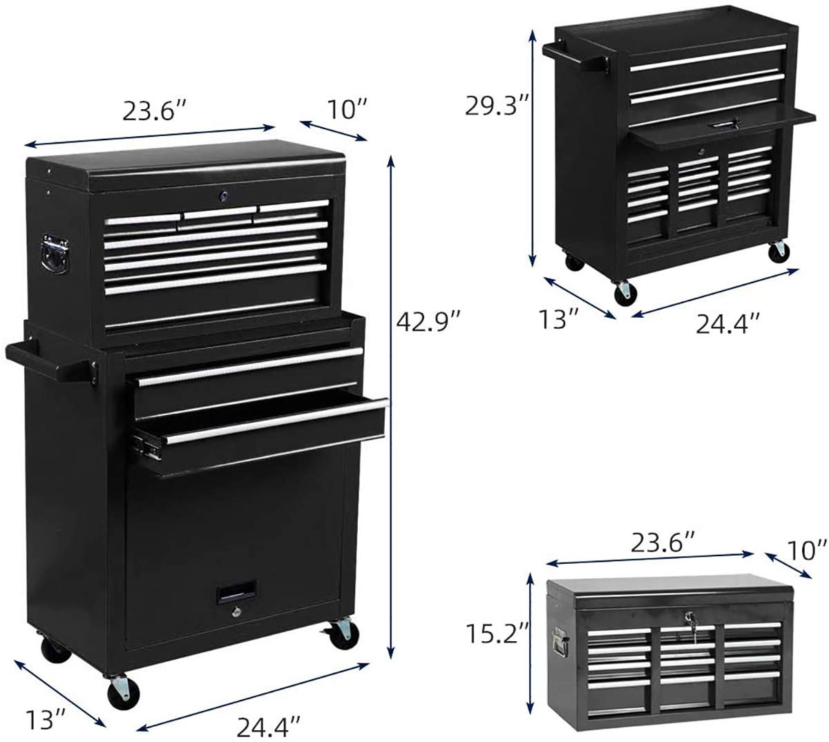 8-Drawer Rolling Tool Chest with Lockable Drawers - Heavy Duty Steel Tool Storage Cabinet with Wheels for Garage, Workshop & Warehouse - Large 2-in-1 Tool Organizer Box (Black) | Perfect for Mechanics, DIY Enthusiasts & Professional Contractors
