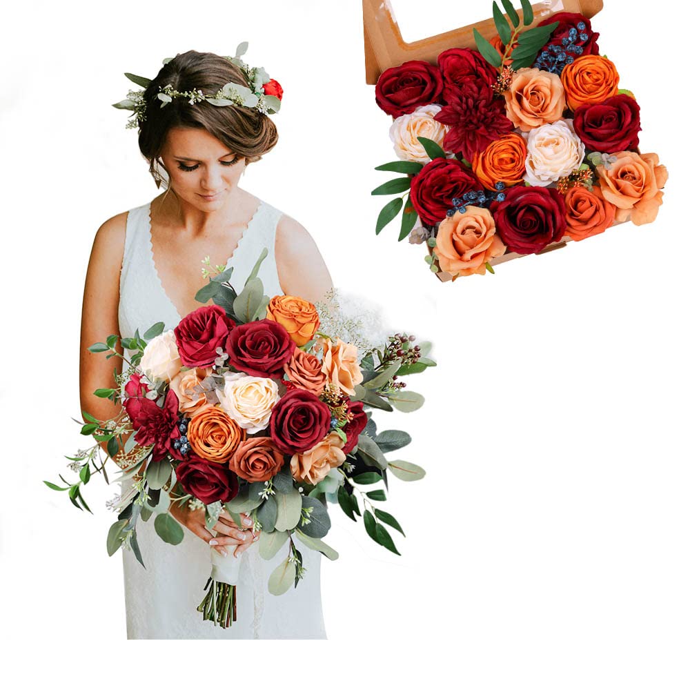 Burnt Orange & Burgundy Artificial Flowers Set - Fake Roses & Dahlia for DIY Fall Wedding Bouquets, Centerpieces, Bridal Showers, Baby Showers & Home Decor | Perfect for Autumn Weddings, Table Arrangements and Seasonal Home Decoration