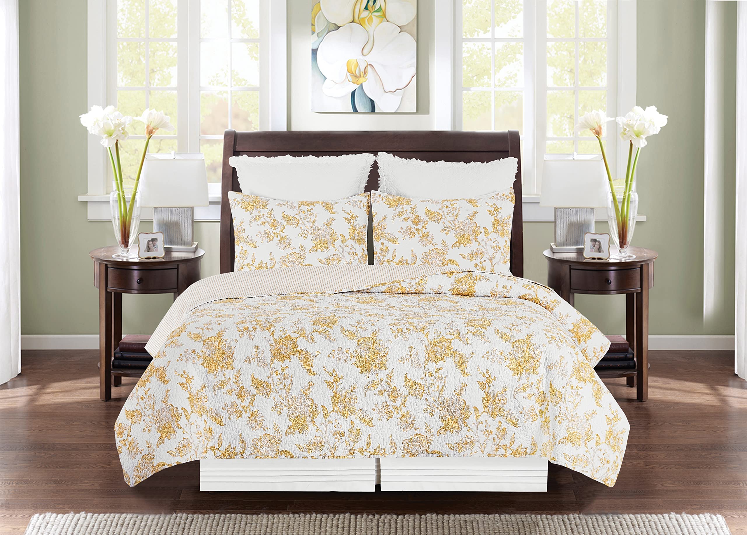 C&F Home Miriam Ochre Full/Queen 3-Piece Reversible Quilt Set with 2 Standard Shams - Yellow & White Toile Floral Pattern Reverses to Stripes - Elegant Bedding for Master Bedroom or Guest Room