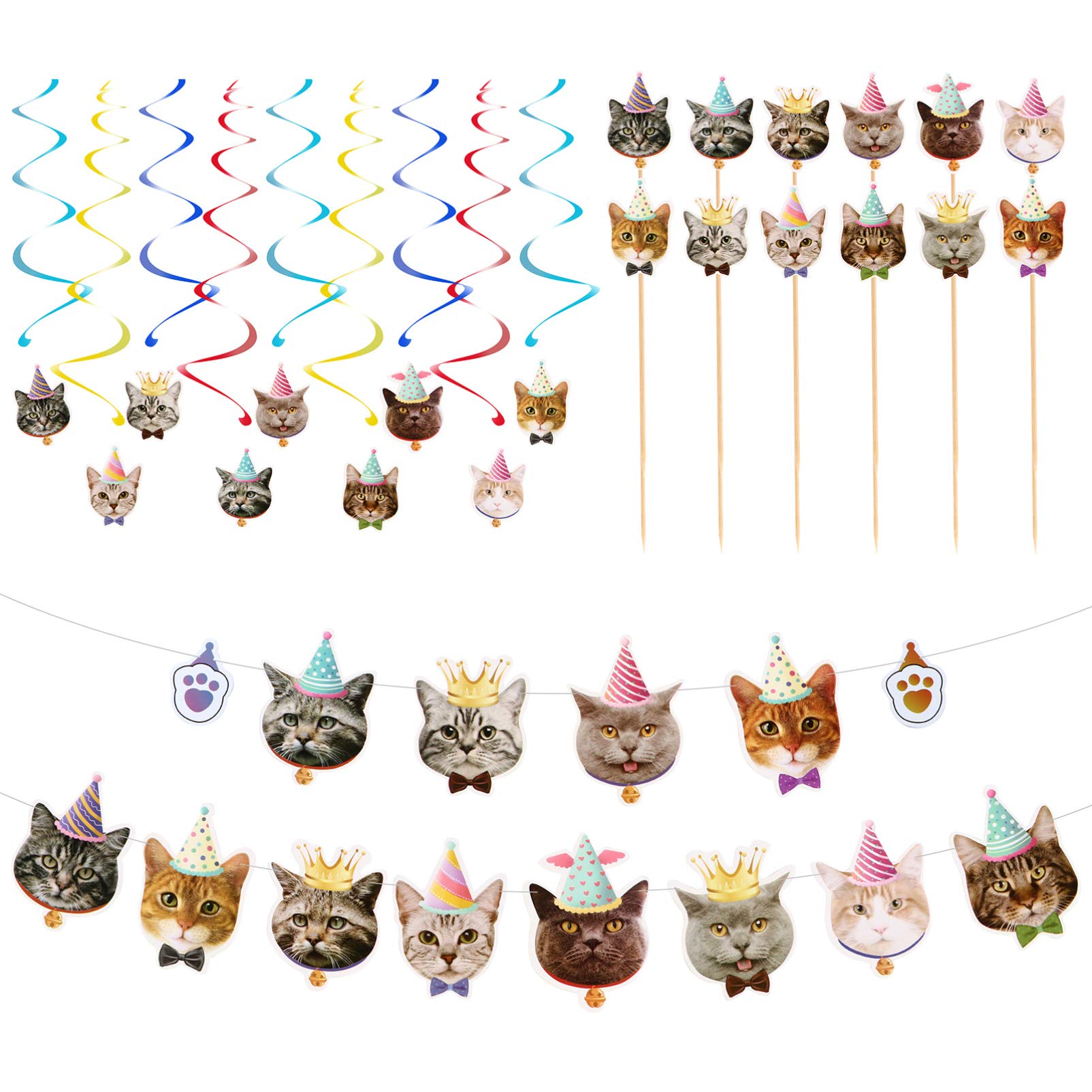 Balacoo Pet Cat Birthday Party Decoration Set - Cat Face Hanging Swirl, Crown Banner, Cake Picks & Cupcake Toppers for Kitty Birthday Celebration | Perfect for Cat Themed Parties, Kitty Adoption Events & Birthday Photo Backdrops
