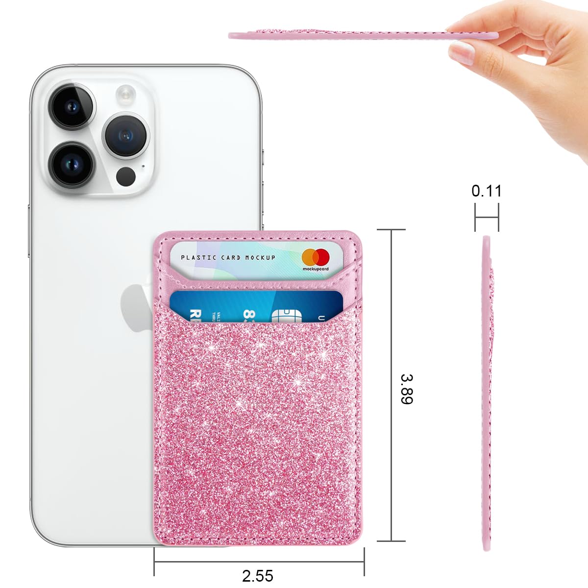 Self Adhesive Card Holder for Phone - Leather RFID Blocking Phone Wallet with Sticky Back - Credit Card Sleeve for Phone Case (Glitter Pink) - Perfect for Hands-Free Shopping & Contactless Payments