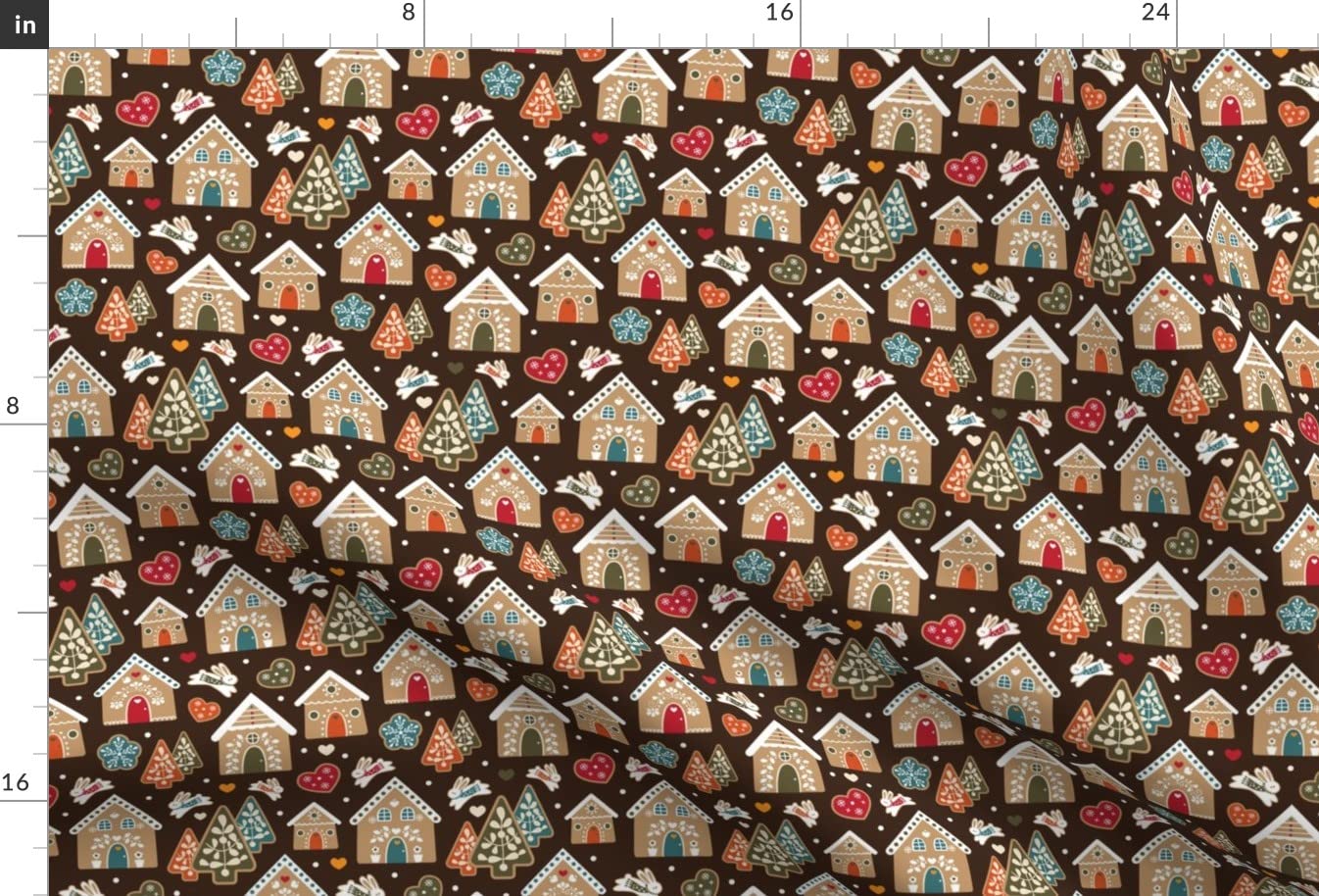 Gingerbread Town Printed Satin Fabric by The Yard - White Green Red Brown Orange Hearts Cookies Design for Sewing, Apparel, Lining, Blankets & Home Decor | Perfect for Christmas Crafts, DIY Projects & Holiday Decorations