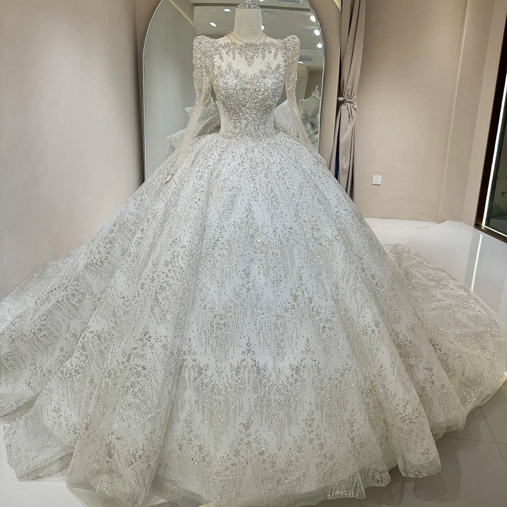 Elegant Sequined Wedding Dress with O-Neck, Long Sleeves & Chapel Train - Perfect for Bridal Ceremony, Chapel Wedding & Formal Evening Events