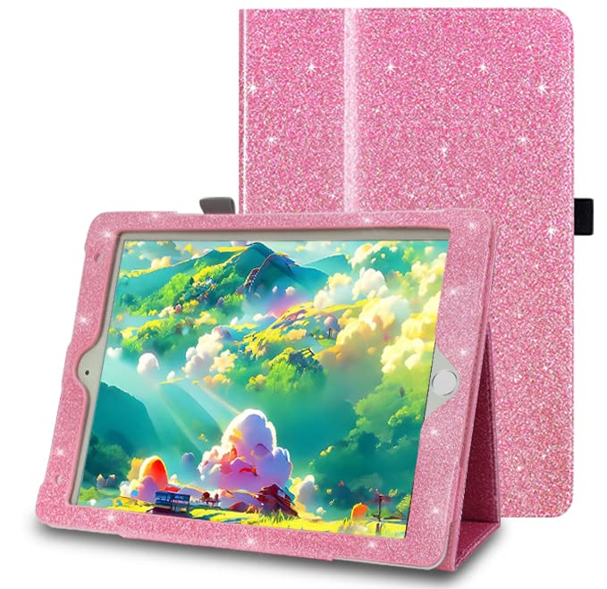 Premium Glitter iPad Case for iPad 9.7 inch (6th/5th Gen, Air/Air 2/Pro 2017-2018) with Pencil Holder & Auto Sleep/Wake - Slim Stand Protective Cover in Pink - Perfect for School, Work & Travel