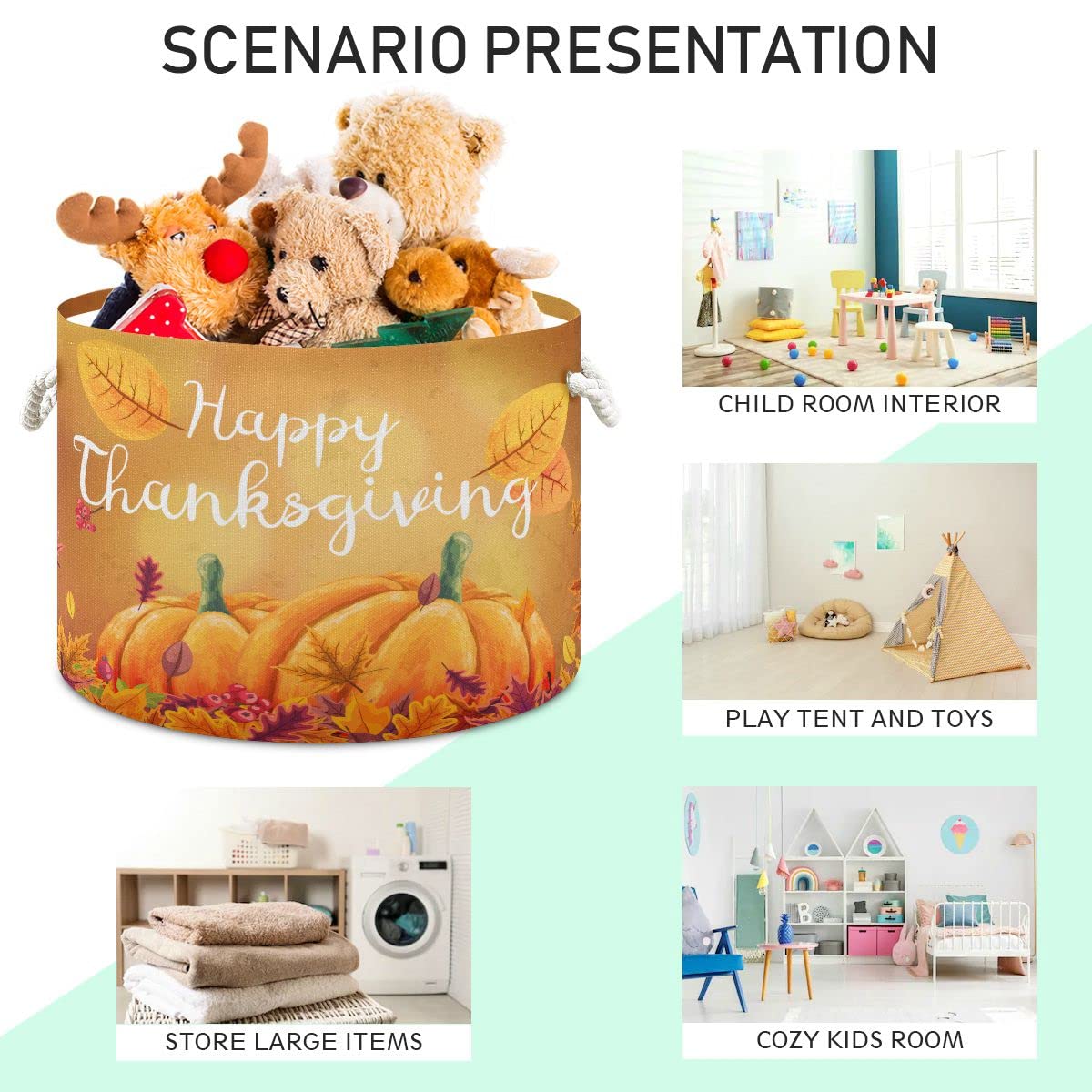 Happy Thanksgiving Fall Leaves Kids Toy Storage Basket - Organizer Bin Box for Laundry Hamper, Nursery, Playroom & Pet Toys | Perfect for Holiday Decor, Child's Room Organization & Dog Toy Storage