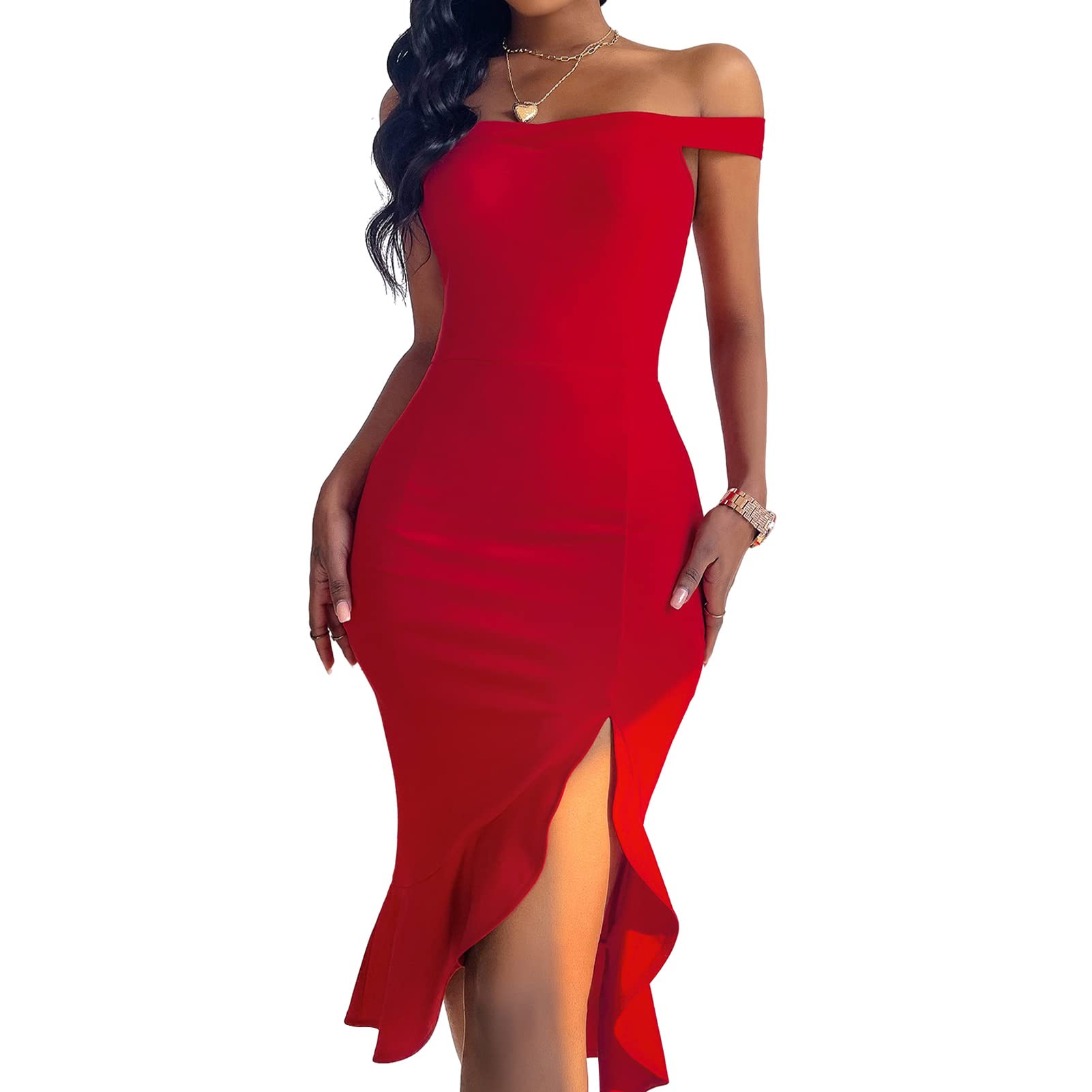 Elegant Women's Off Shoulder Bodycon Midi Dress with Ruffle Hem & Side Slit - Perfect for Wedding Guest, Cocktail Party & Formal Evening Events