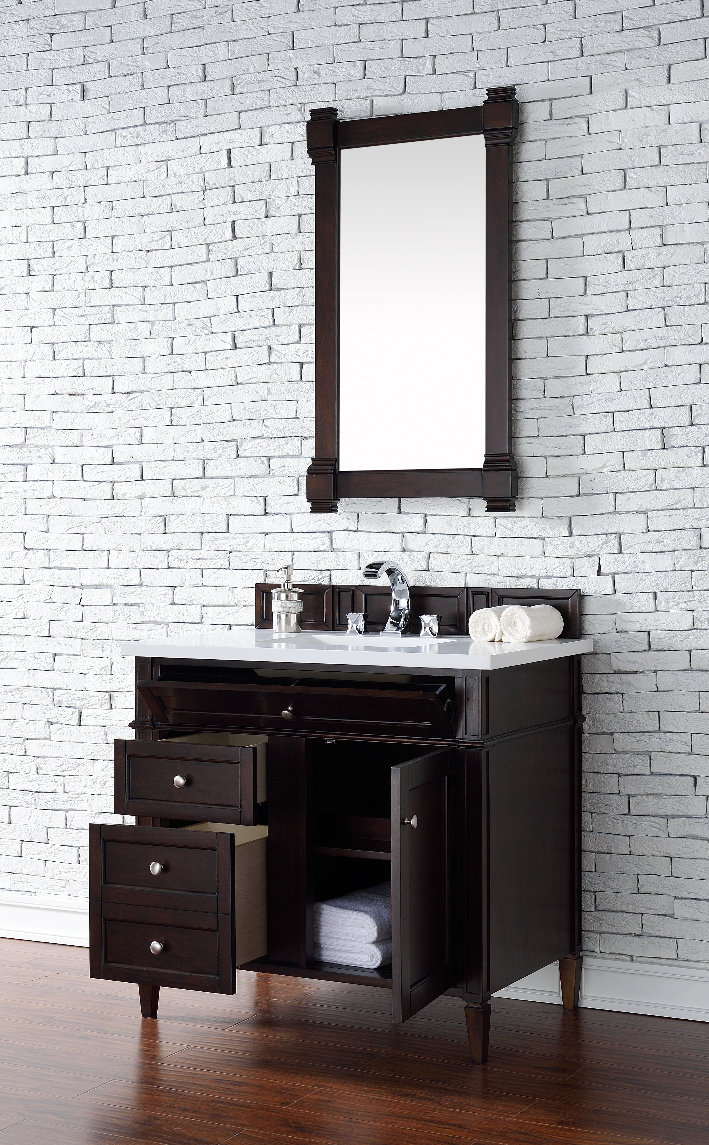 Brittany 36 Inch Burnished Mahogany Bathroom Vanity with 3CM White Zeus Quartz Countertop - Perfect for Modern Master Bathrooms and Powder Rooms