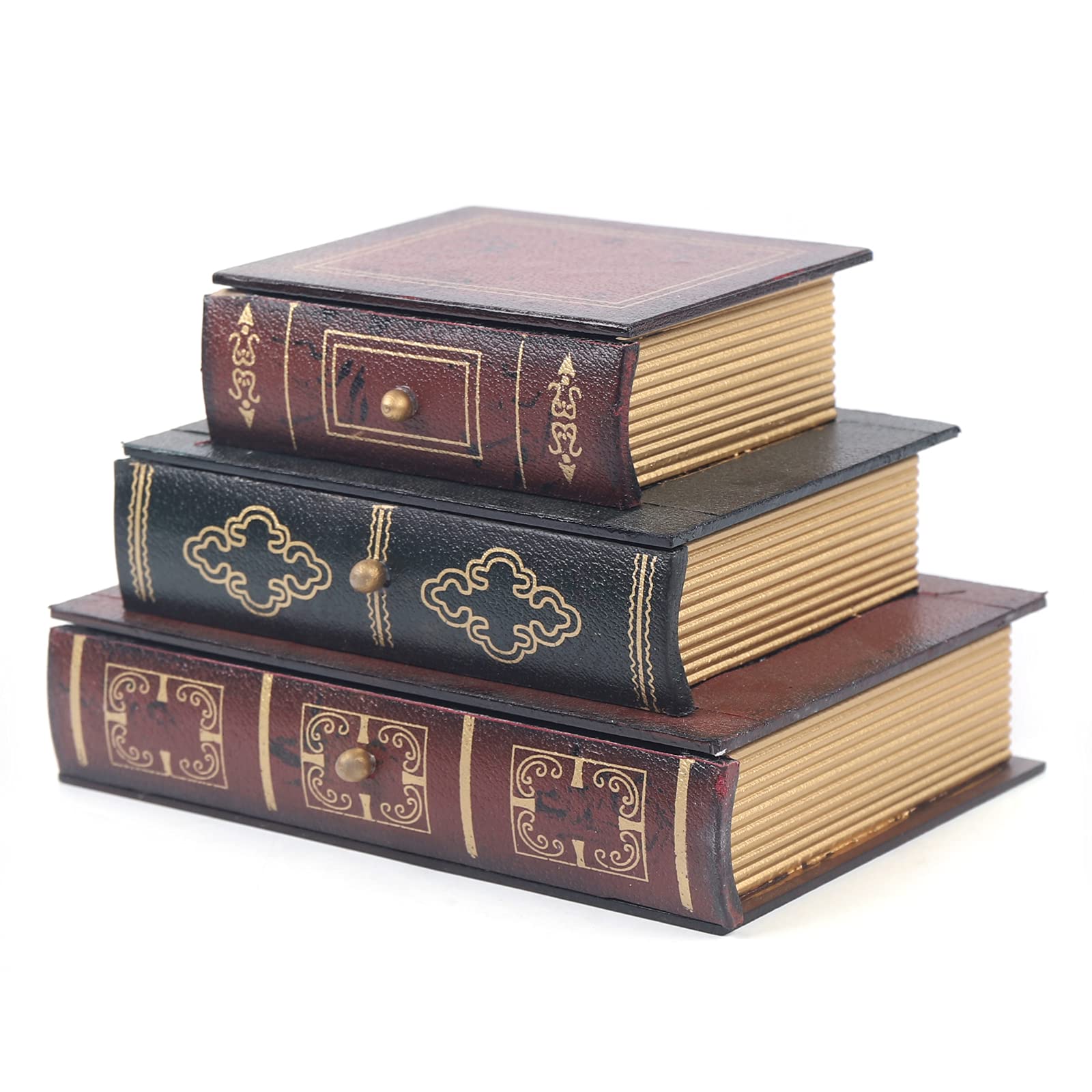 Vintage Wooden Faux Book Jewelry Box with 3 Drawers - Jewelry Organizer Storage & Home Decor for Bedroom, Living Room, Office