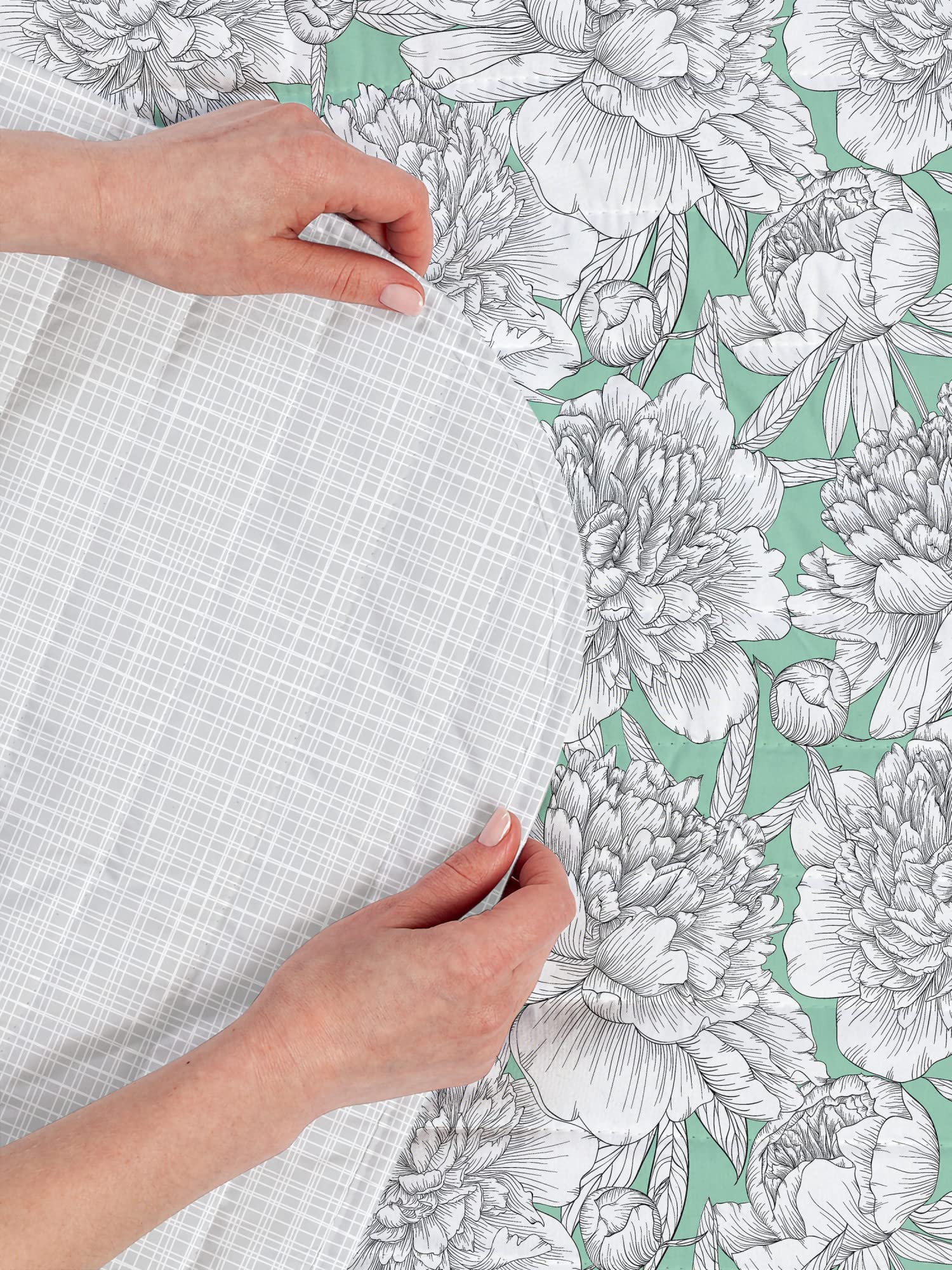Ambesonne Floral Reversible King Size Bedspread Set with Pillow Shams - Hand Drawn Rose, Chamomile & Peonies Design on Microfiber Bedding - Almond Green - Perfect for Master Bedroom, Guest Room & Bohemian Home Decor