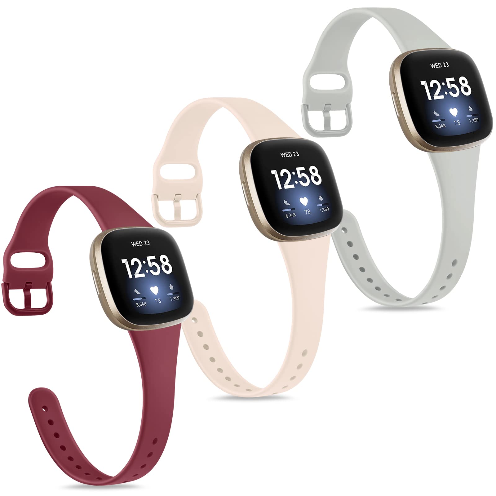 3-Pack Slim Soft Silicone Replacement Bands for Fitbit Versa 3 & Sense - Breathable Sport Wristbands for Women & Men (Wine Red, Pink Sand, Grey) - Perfect for Workouts, Running & Daily Wear