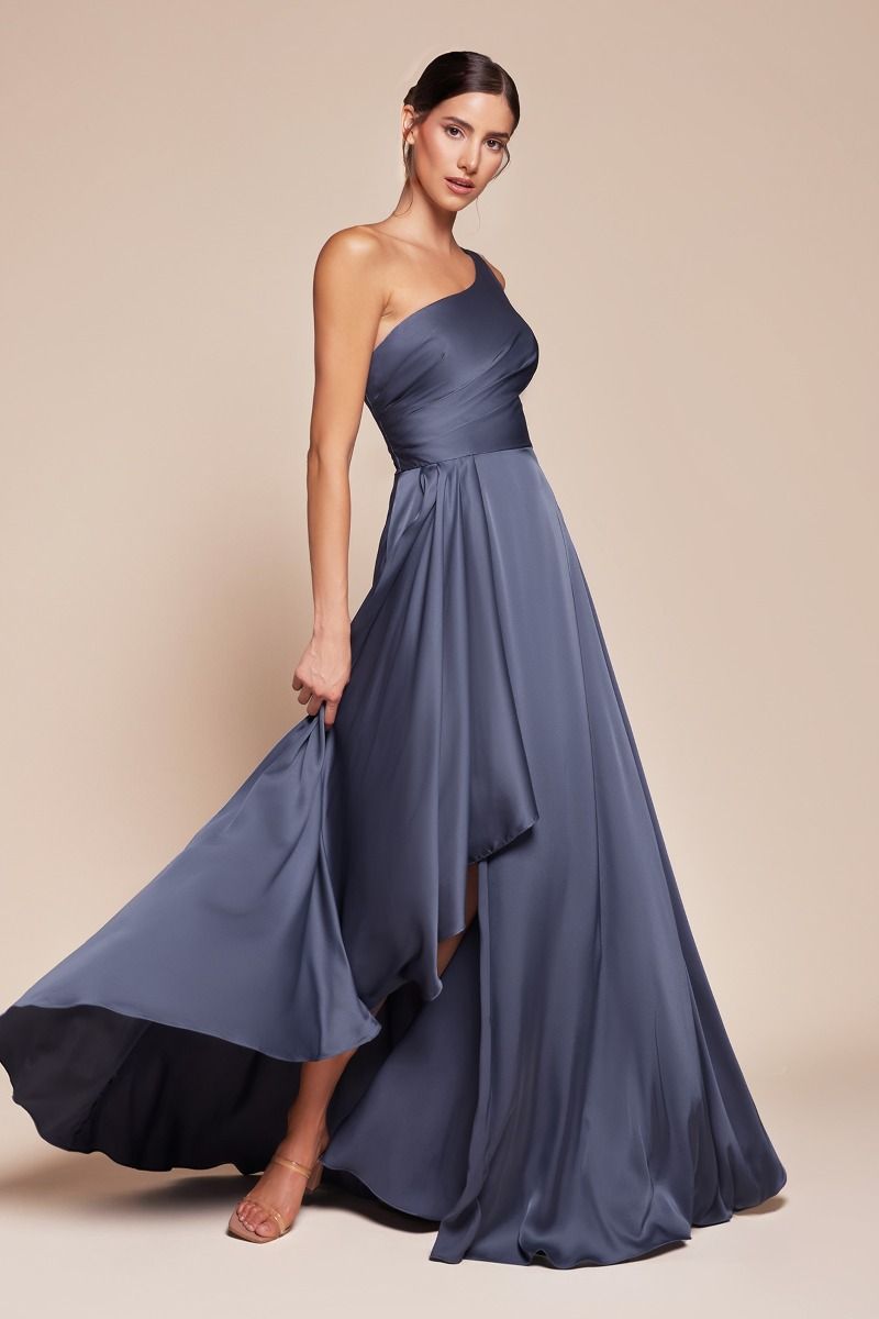 Miranda One Shoulder Smoky Blue Satin A-Line Dress for Evening Gowns, Prom Dresses & Special Occasions