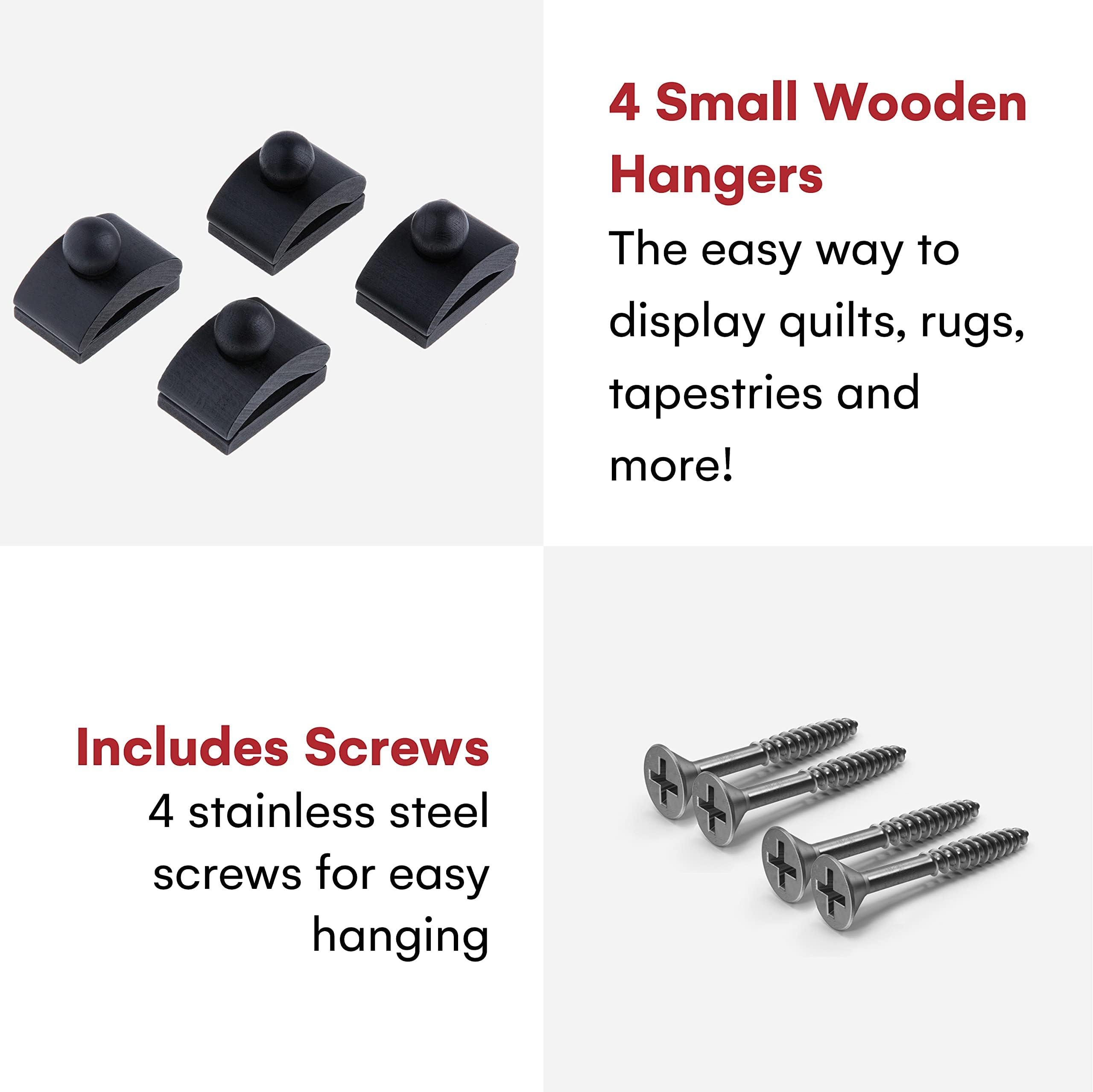 Wooden Quilt Hangers with Clips - Set of 4 Small Black Wall Hanging Clamps with Screws - Tapestry & Quilt Display Hooks - Perfect for Hanging Blankets, Tapestries, and Wall Decor in Living Rooms, Bedrooms, or Dorm Rooms