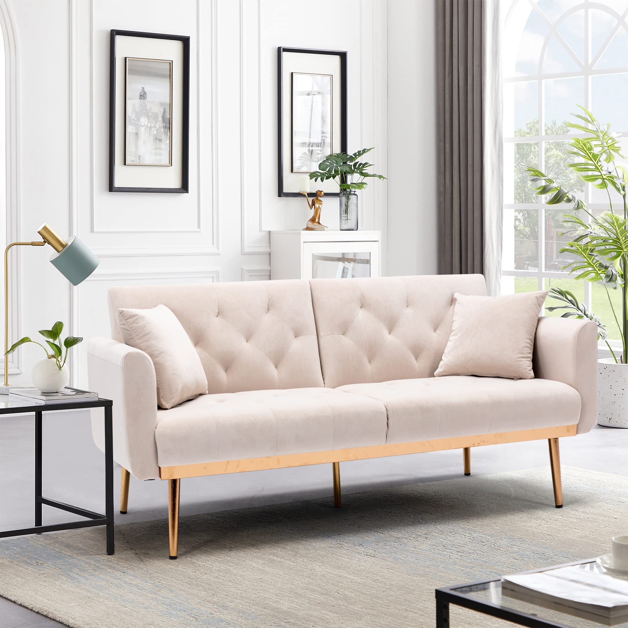 Velvet Accent Loveseat Sofa with Rose Gold Metal Feet - Convertible Sleeper Sofa Bed for Small Spaces, Modern Futon Couch with Split Back Design & 2 Pillows (63.8