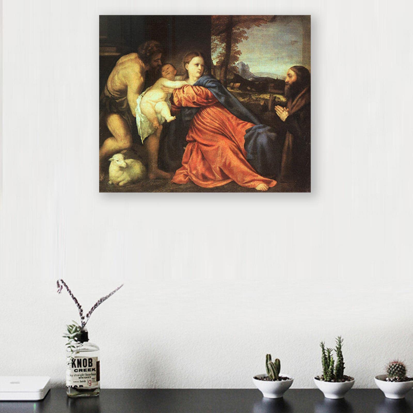 Titian Holy Family and Donor Reproduction - Classic Oil Painting Wall Art Print on Canvas - Wood Framed Ready to Hang 31.5x44.1 inches - Perfect for Living Room, Bedroom & Office Decor