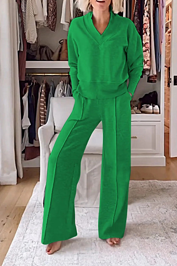 Women's Solid Color V-Neck Top & Elastic Waist Lounge Pants Set with Pockets - Cozy Winter Loungewear for Home, Yoga, and Relaxation